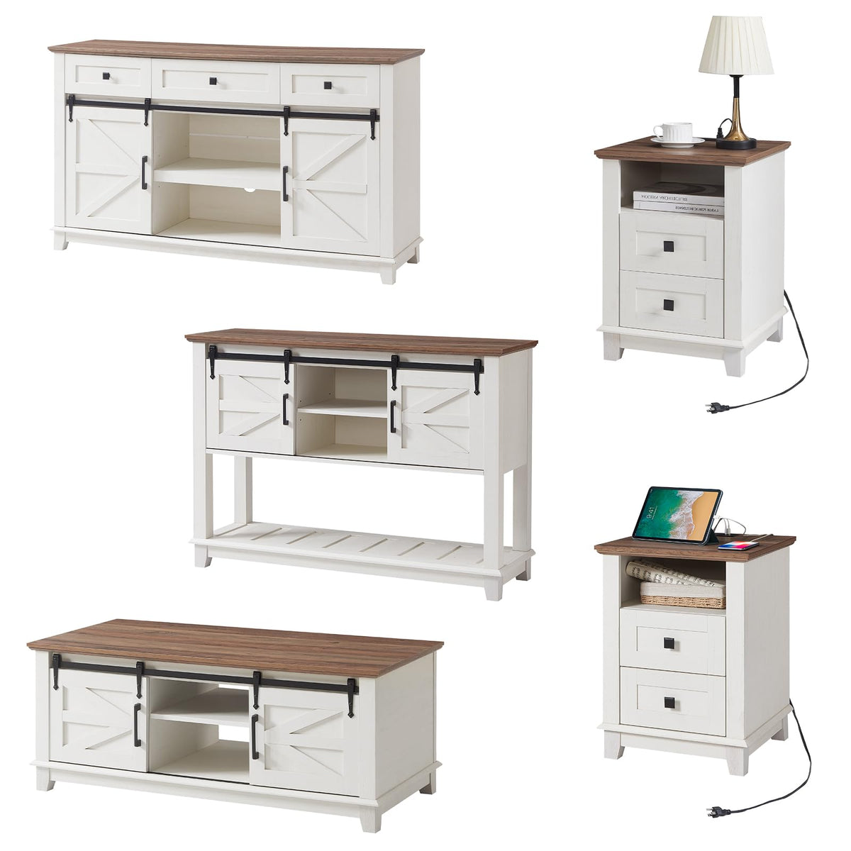AMERLIFE Living Room Table Set of 5 with 59" TV Stand, Rustic White
