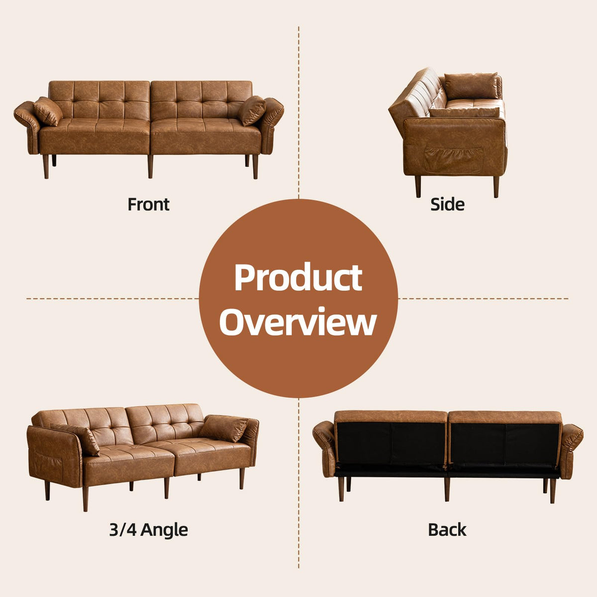Brown Faux Leather Futon Sofa Bed