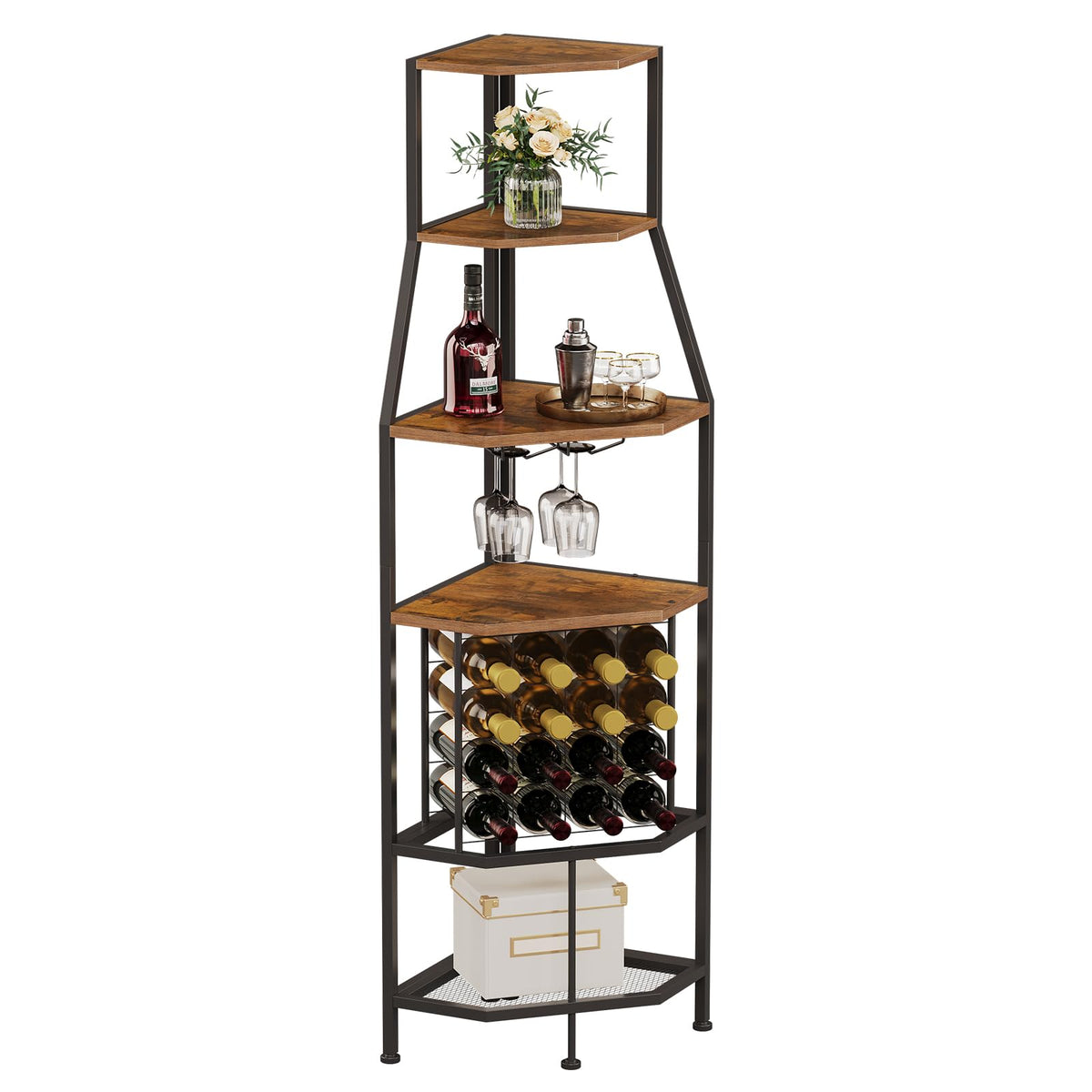 5-Tier Corner Wine Rack with Glass Holder, Floorstanding Wine Storage