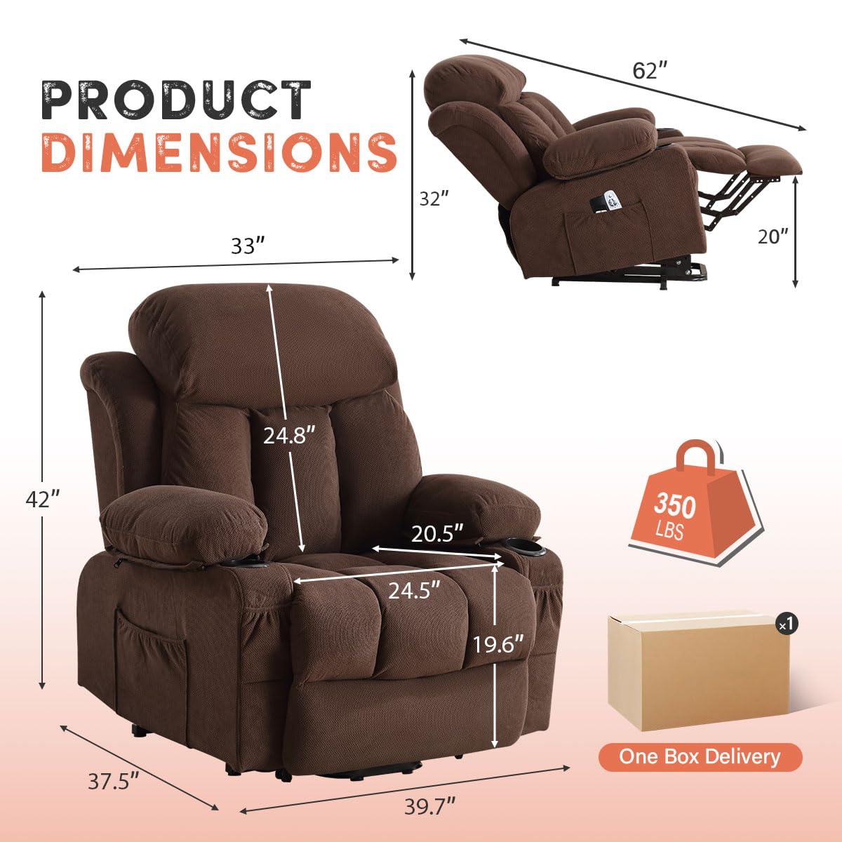 Power Lift Recliner Chair with Massage,Heat,Cup Holders for Elderly