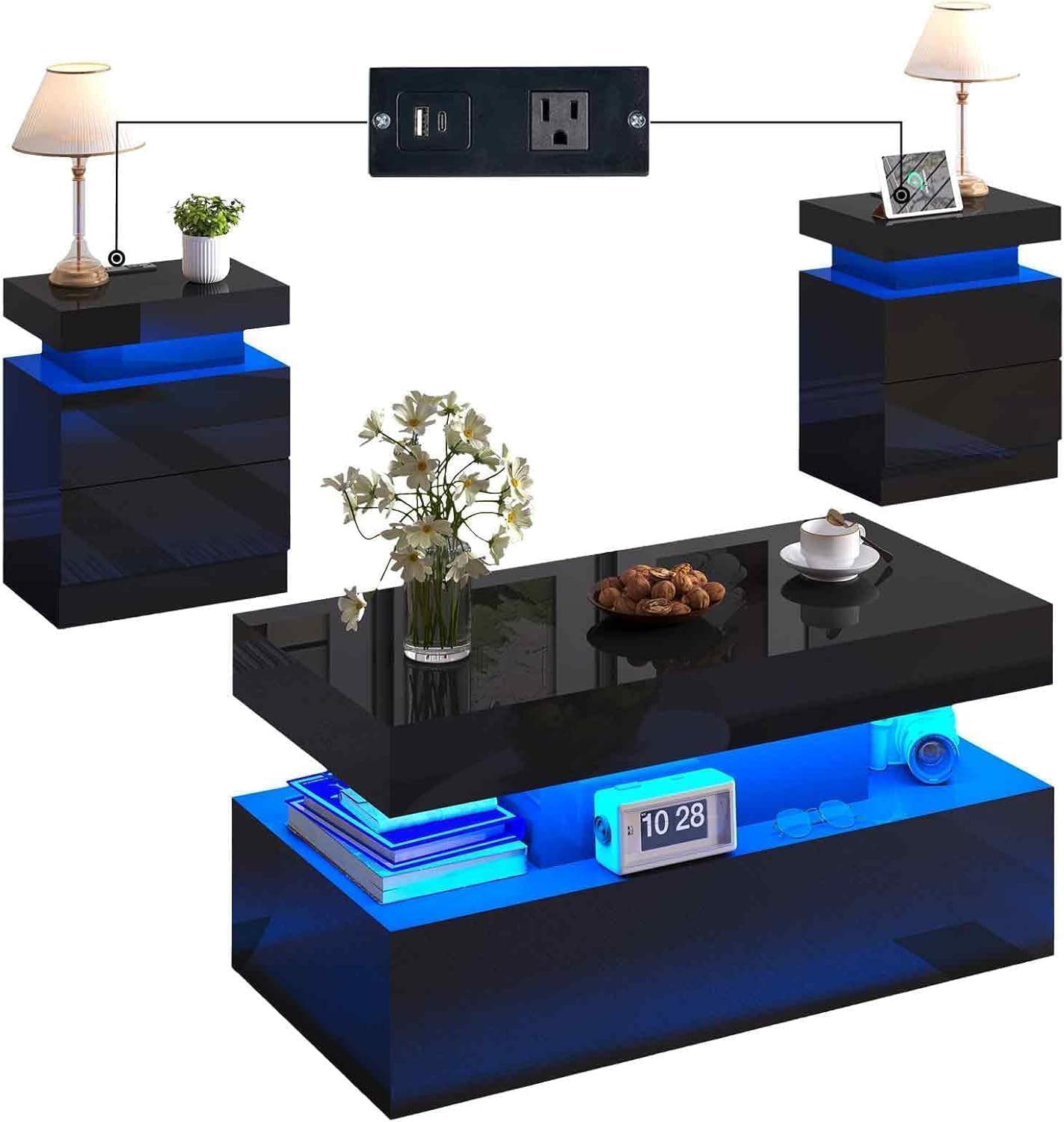 LUXOAK 3 Pieces Living Room Table Set, Modern High Gloss Coffee Table Set with LED Light and Storage Space, 2 End Side Tables with Charging Station for Living Room, Office, Black