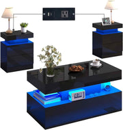 LED Coffee Table & End Table Set with Charging Station – 3 Piece