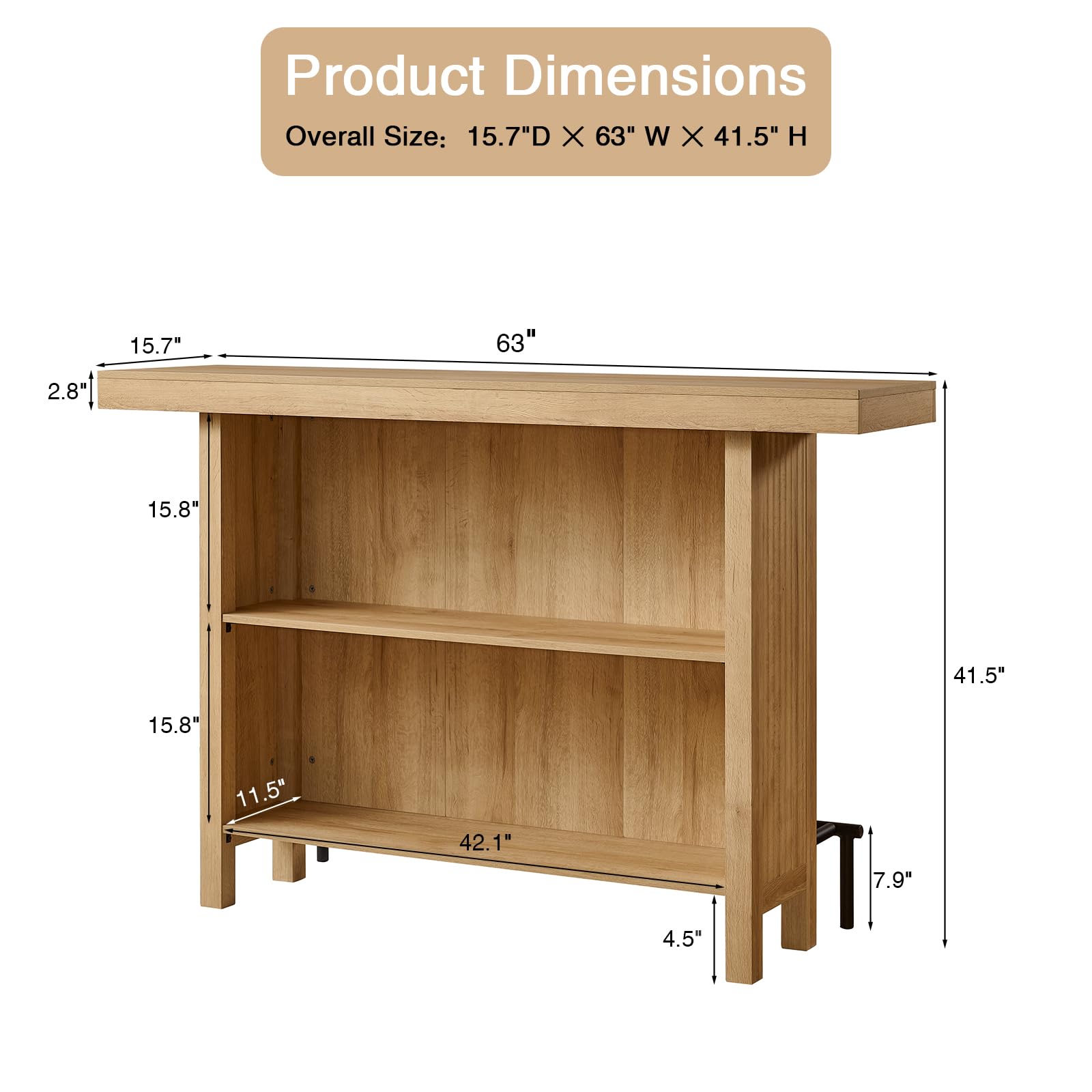 Okvnbjk 63-Inch 2-Tier Bar Table with Footrest, Coffee Bar Cabinet, Large Counter Height Pub Table Storage Shelf Home Bar Unit for Kitchen, Bistro, Dining Room, Living Room (Oak)