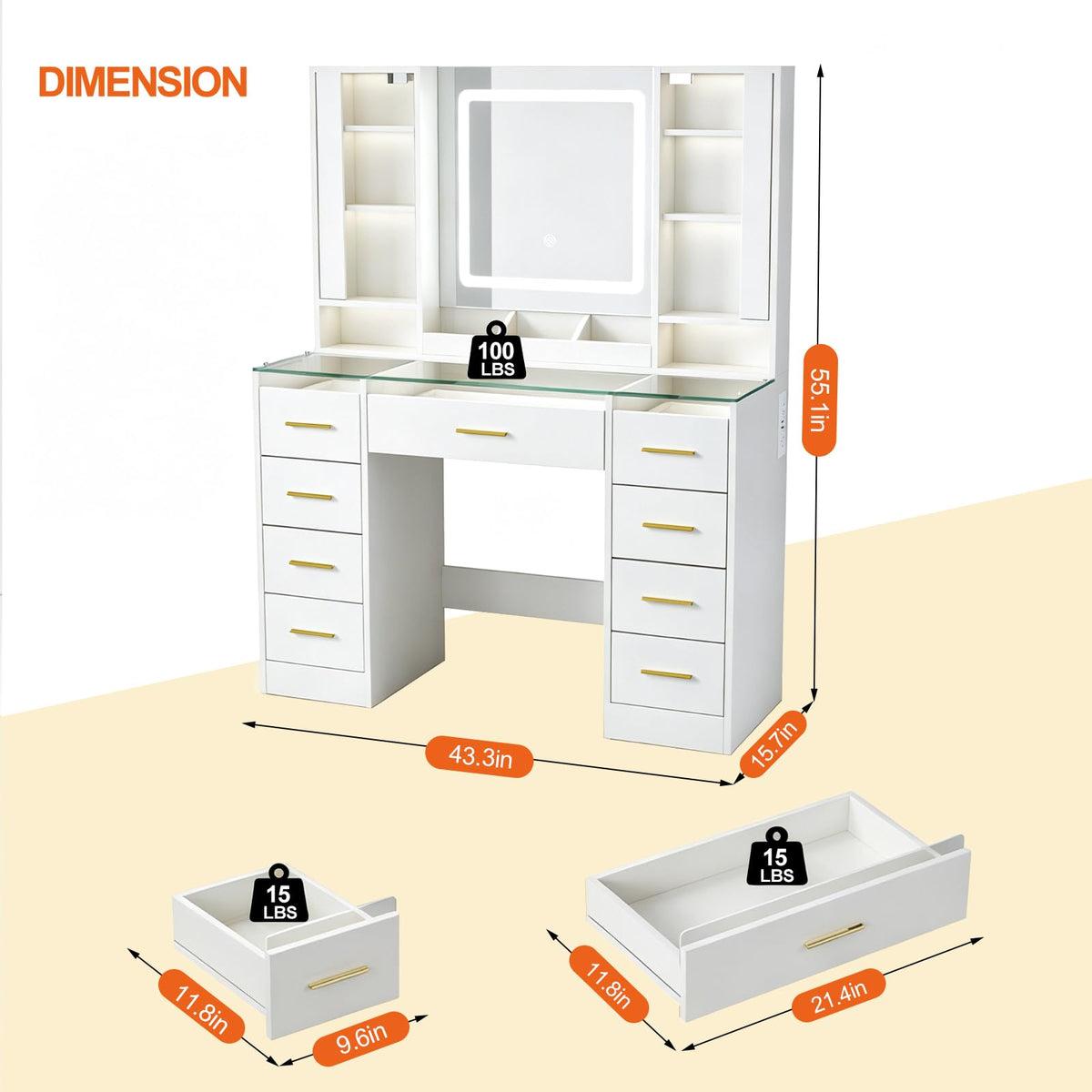 Vanity Desk with Mirror and Lights, 43" Large Makeup Vanity with Glass Top