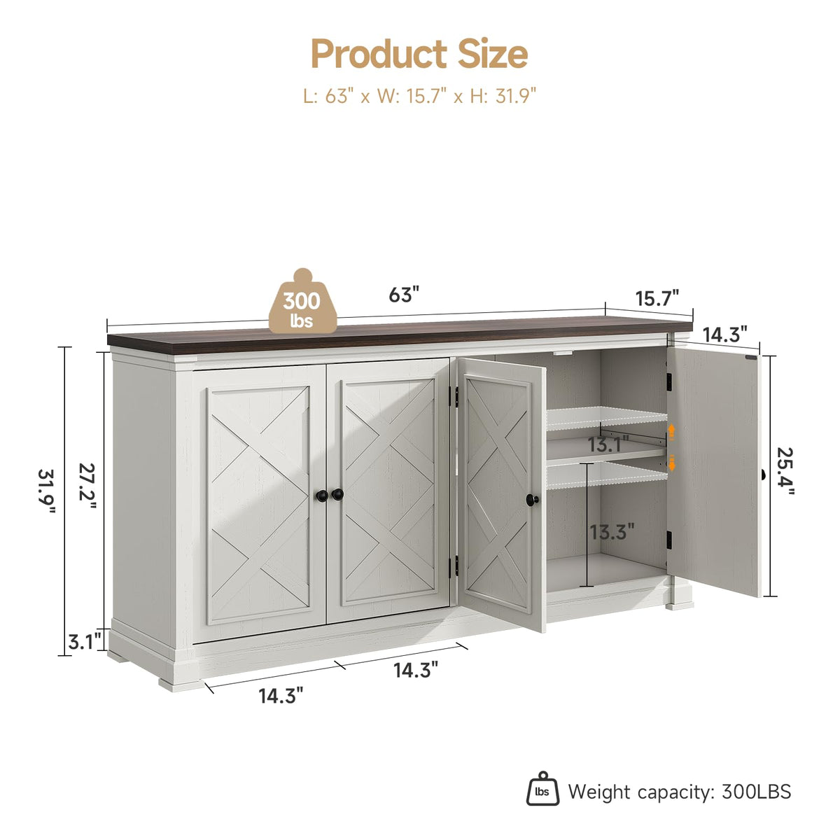 ONBRILL 63 Inch Buffet Cabinet with Storage, 4 Barn Doors, Off White