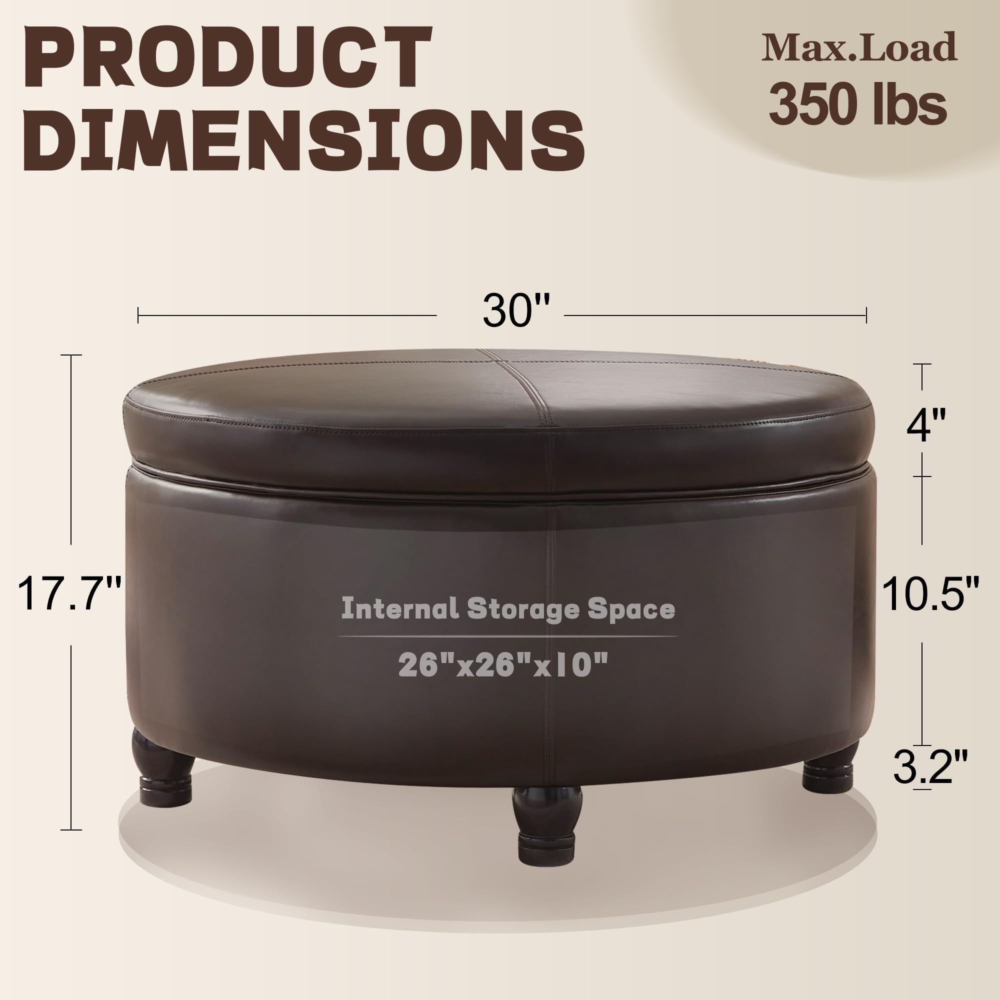 MIQMICMIK 30-Inch Round Storage Ottoman, Modern Ottoman Coffee Table with Removable Top for Living Room, Bedroom, Office (Brown)