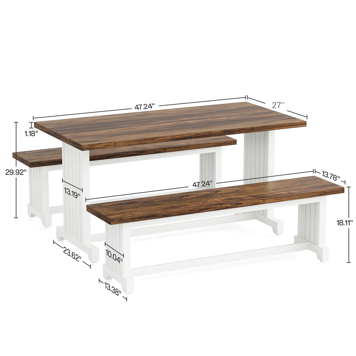 Tribesigns 47-Inch Small Dining Table Set for 2, 3-Piece Kitchen Table with 2 Benches, Farmhouse Wood Dinner Furniture for Narrow Space, Apartment, White & Rustic Brown