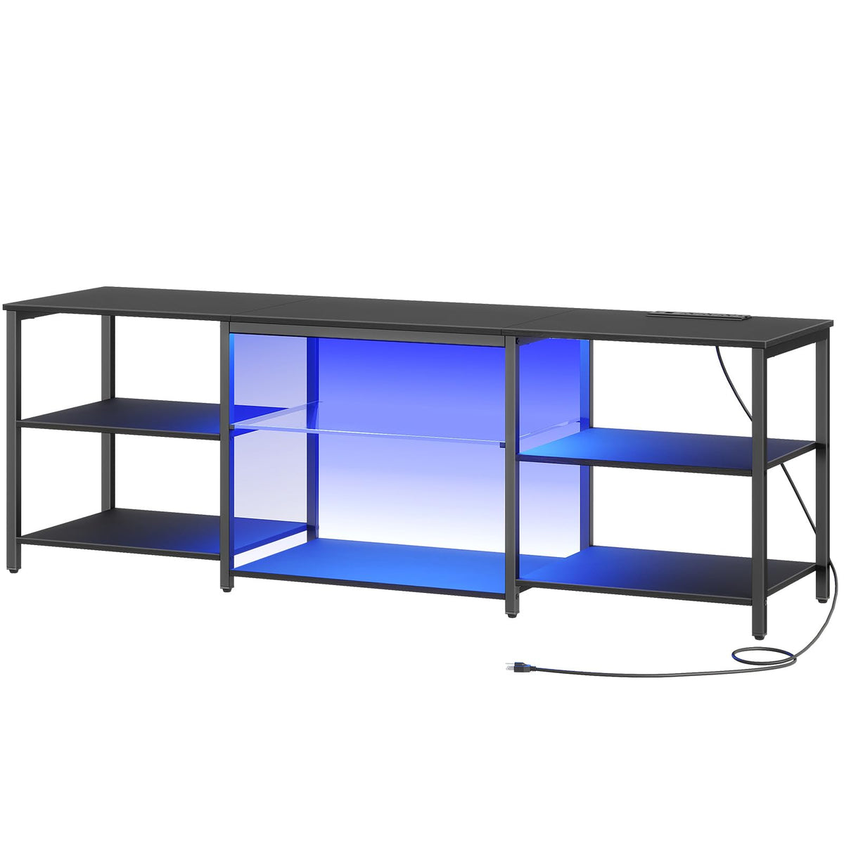 HOOBRO LED TV Stand for 75 Inch TVs with Charging Station, Gaming Entertainment Center with 3-Tier Open Storage, Long 70.1” Media TV Console Table, TV Stand for Living Room, Bedroom, Black BB22UDDS01