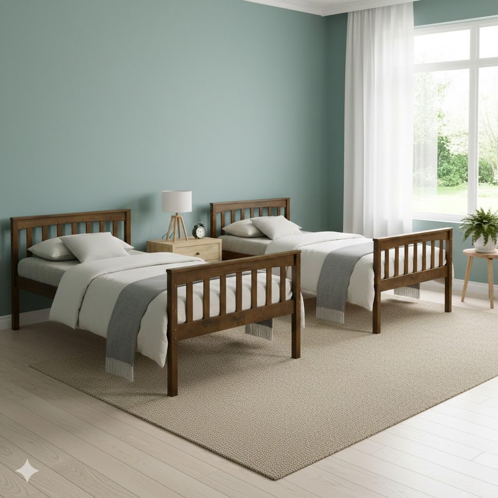 HOME DESIGN Ames Twin Over Twin Solid Wood Bunk Bed Frame, Brown