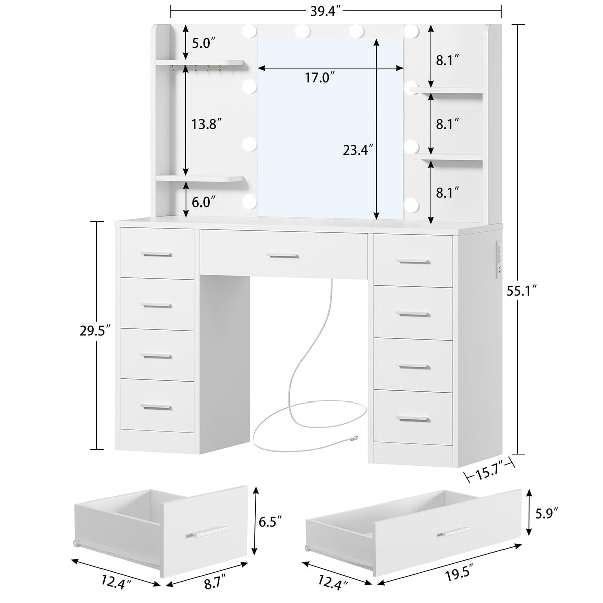 9-Drawer Vanity Desk with Lighted Mirror