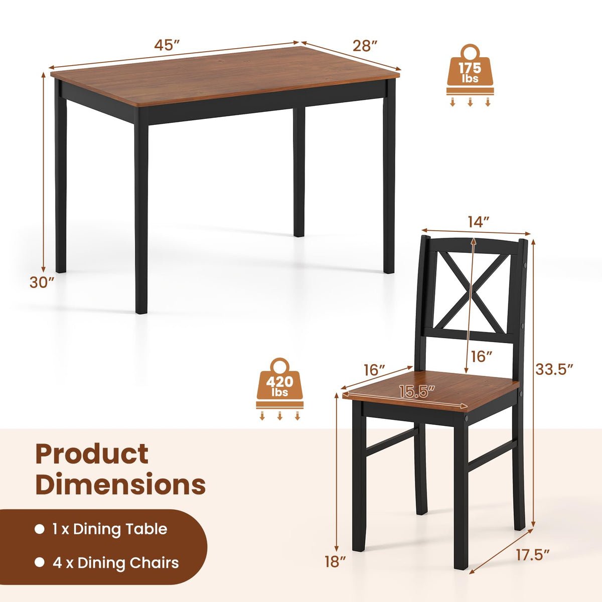 GIANTEX 5-Piece Dining Table Set for 4, Rectangular Kitchen Table & 4 Chairs with Rubber Wood Legs, Cross Backrest, Space-Saving Mid Century Modern Dinette Set for Dining Room, Breakfast Nook, Dinner