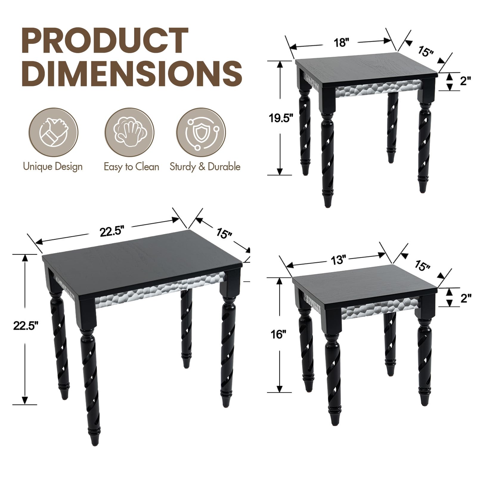 3-Piece Nesting Side Tables Set, Mid-Century Modern