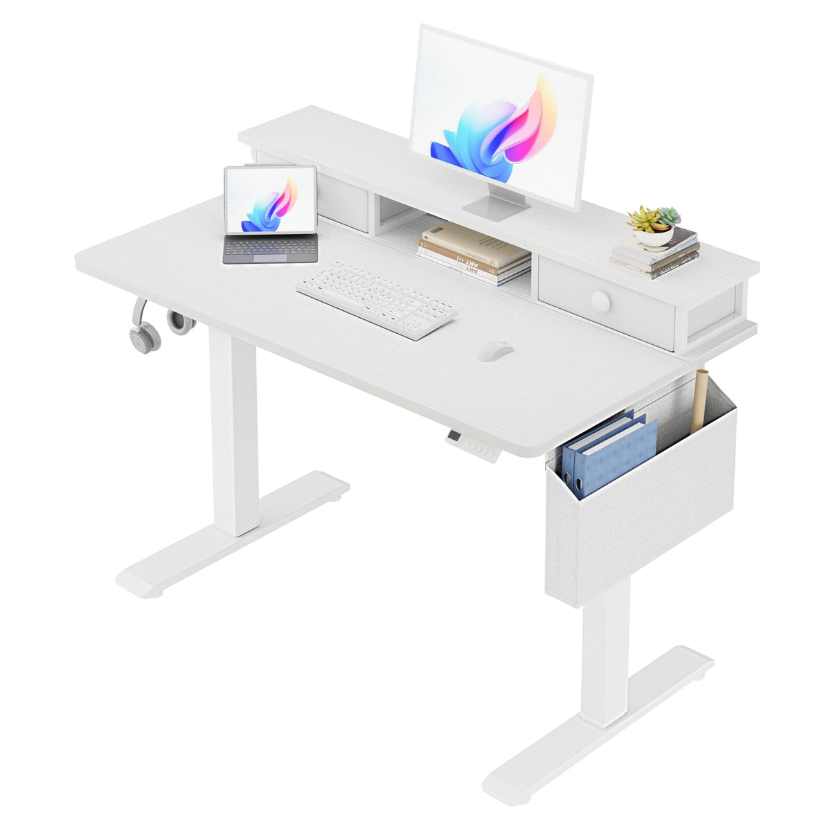 KLUVIS White Electric Standing Desk with Drawers, 40 Inch