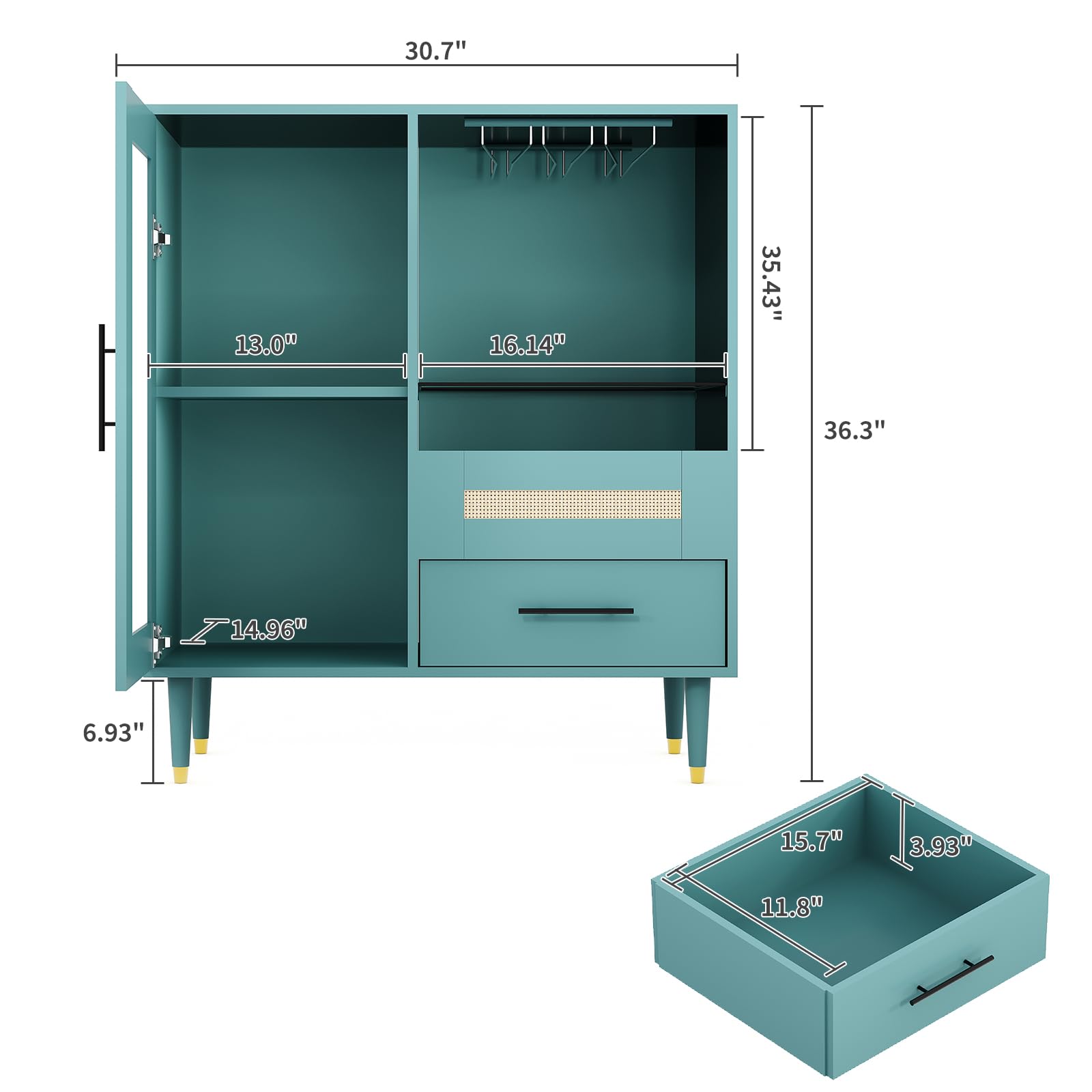 Freestanding Wine Bar Cabinet & Coffee Bar with Wine Rack, Modern Liquor Cabinet with Storage Sideboard Buffet with Tempered Glass Door & Drawers & Glass Holder for Home Dining Room, Living Room