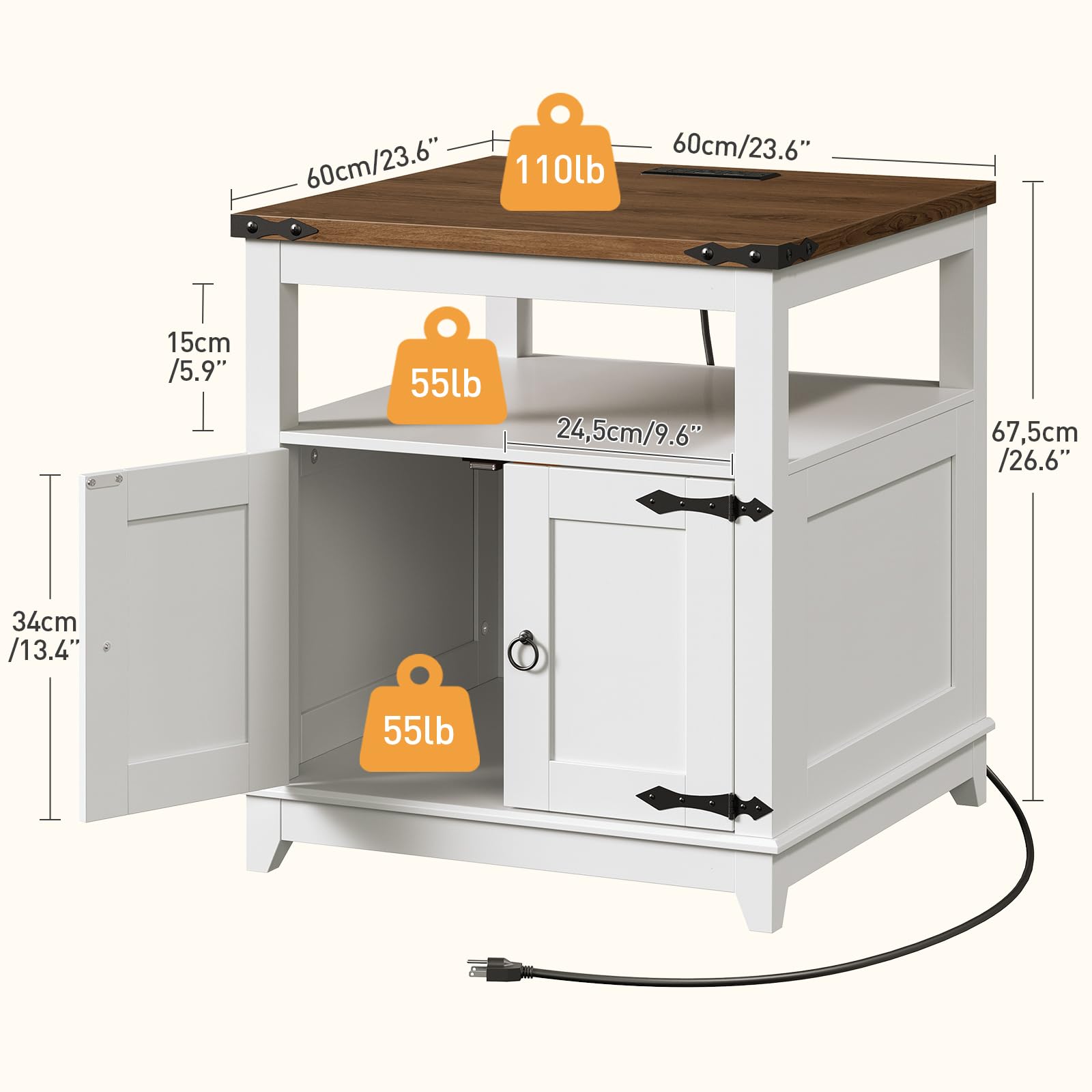 Farmhouse End Table with Charging Station and Barn Door