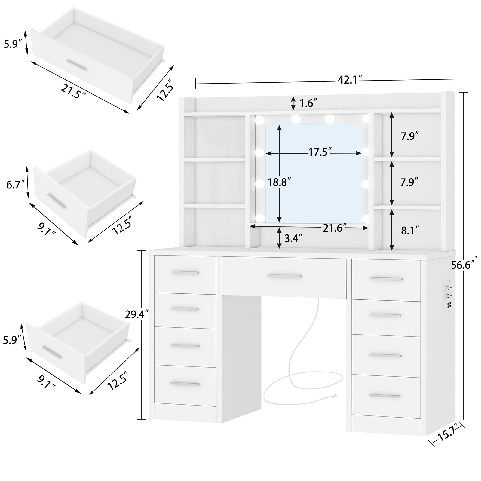 FIONESO Vanity Desk with Mirror and Lights, Power Outlet, Makeup Vanity with 9 Drawers & 6 Open Storage Shelves, 3 Lighting Modes Brightness Adjustable, White