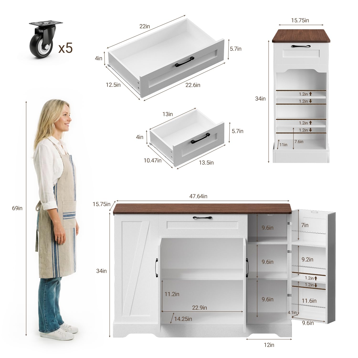 47" Rolling Kitchen Island Cart with Storage