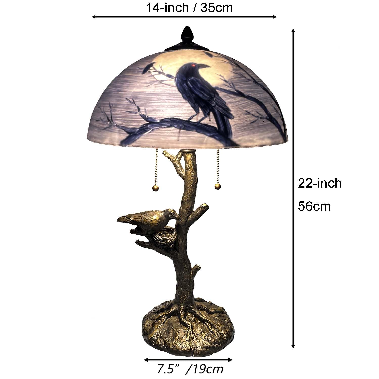 Bieye L10945 Ravens Sitting on Bare Tree Branch Against Full Moon Hand-Painted Glass Table Lamp with Raven Nest Lamp Base for Halloween Home Decor