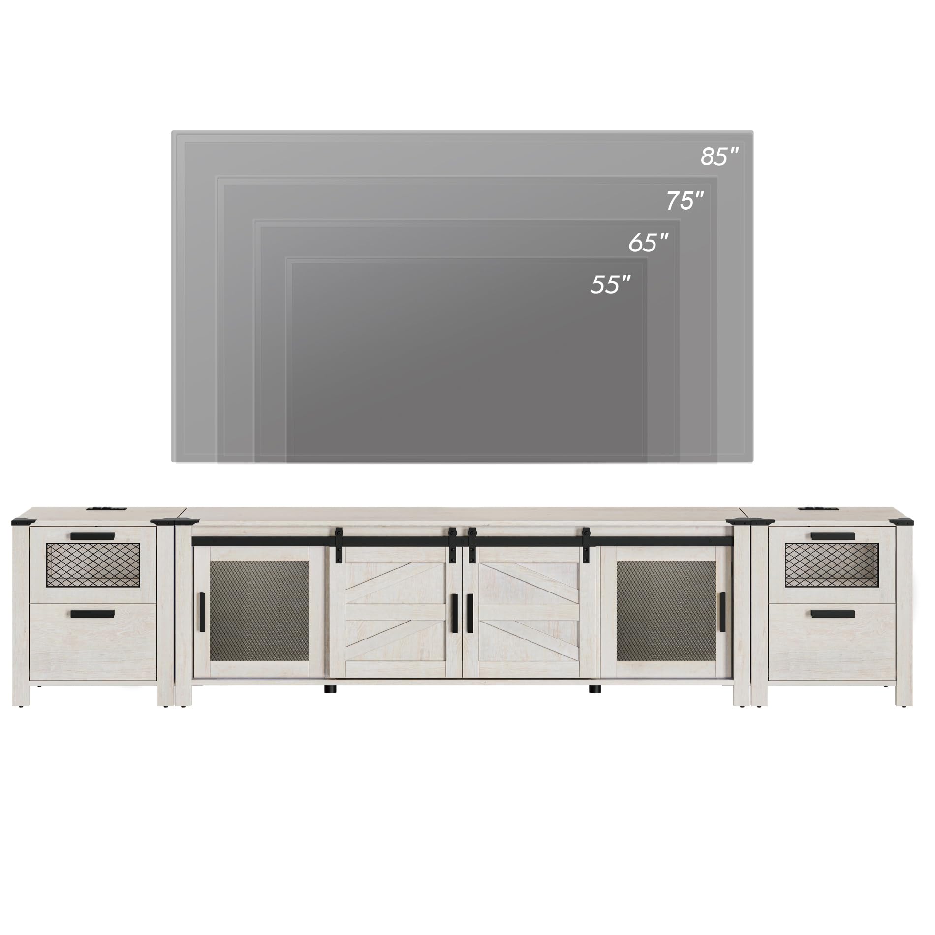 WAMPAT TV Stand Set for 85 inch TV with Charging Station, 3 in 1 Wood Entertainment Center TV Console Table for Living Room, Antique White