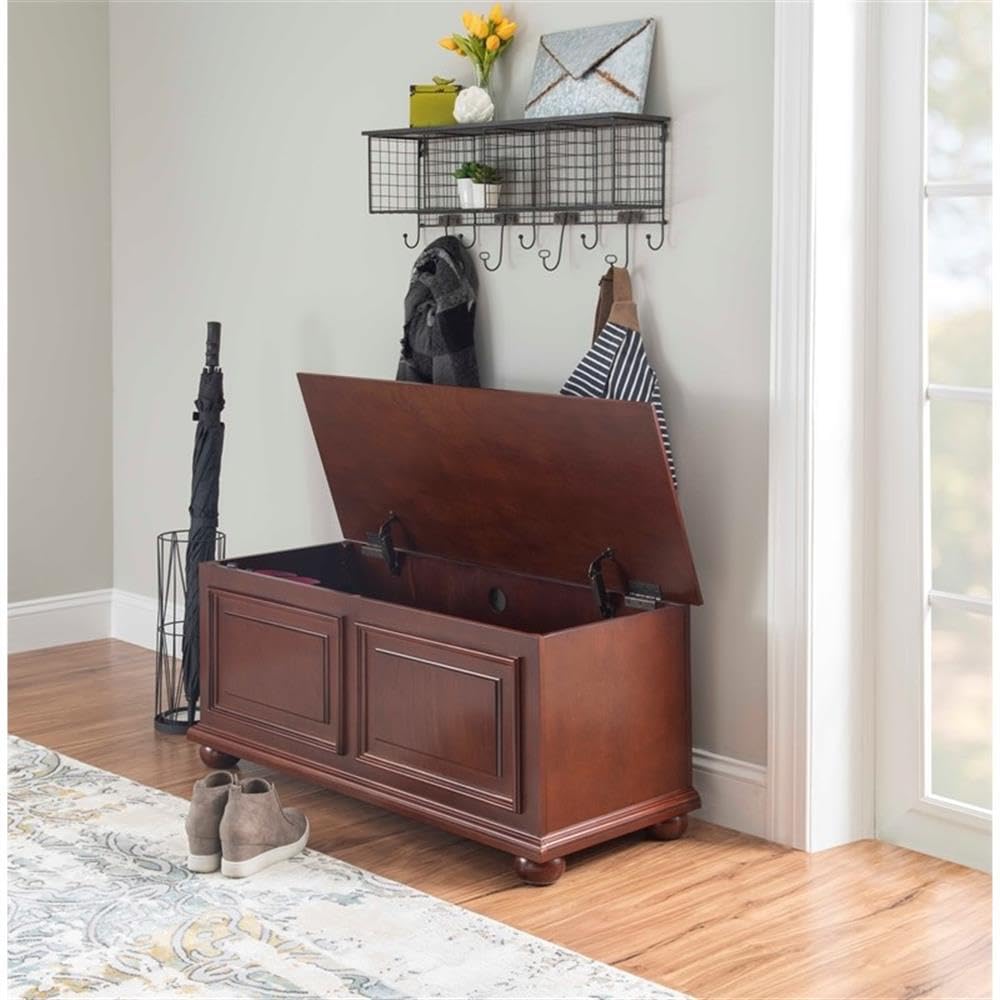 Pemberly Row Contemporary MDF Rubberwood Chest, Cherry Finish, 40.5" w x 16.75" d x 18" h, Decorative Molding, Bun Feet, Lined Storage, Child Safe Hinges, Living Room Accent Furniture