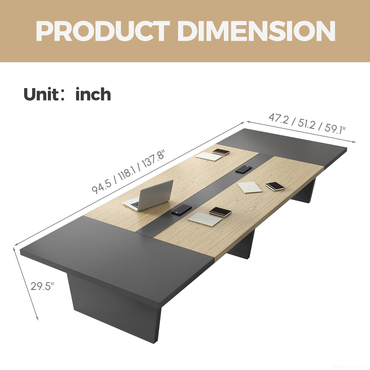 Huariifowm 12FT Conference Table for 10-12 People, Large Rectangular Boardroom Meeting Table with Built-in Power Outlets, USB-C Ports, 2" Thick Tabletop & Heavy-Duty Base, Oak + Gray