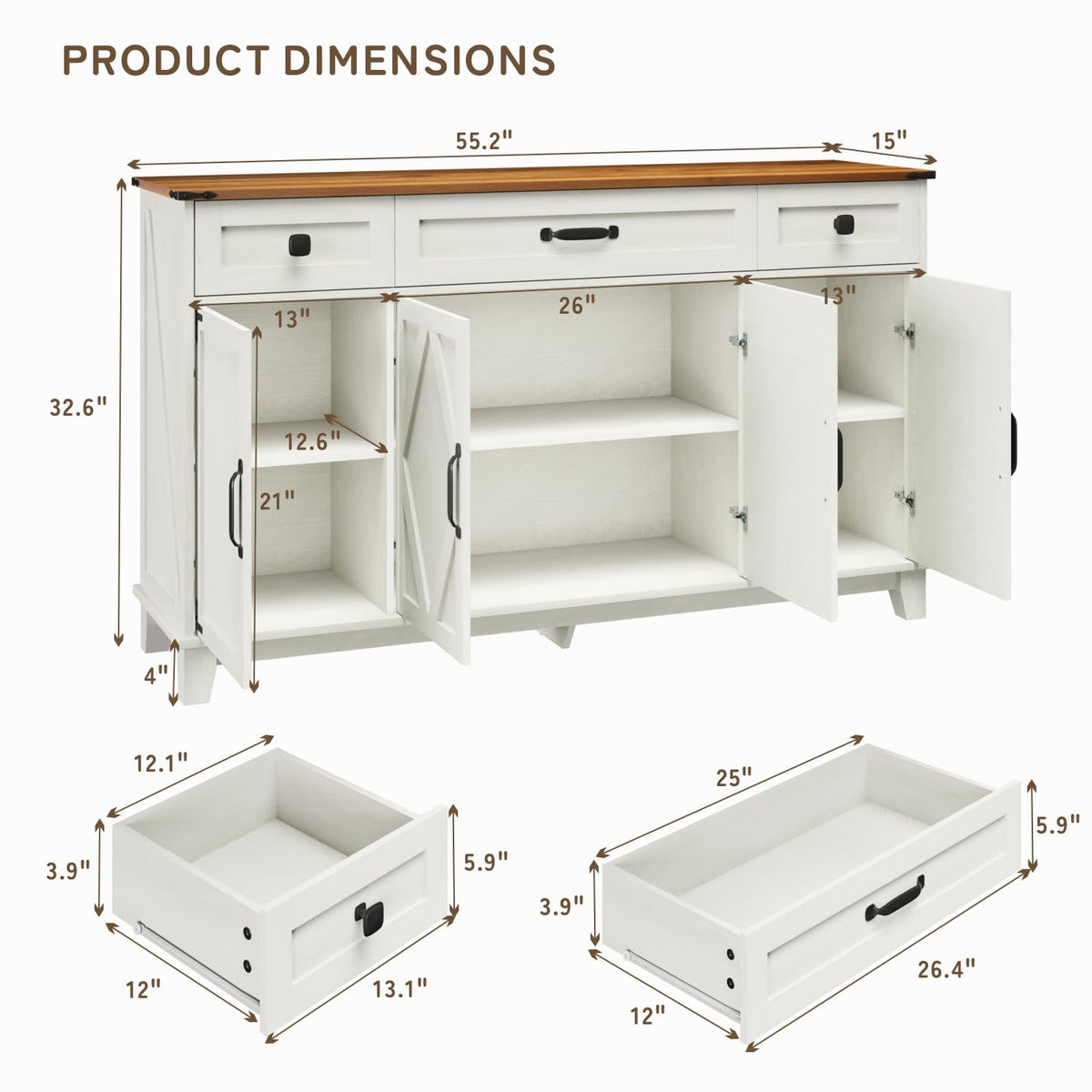 DSNAPE 55" Farmhouse Buffet Cabinet, Coffee Bar Cabinet with Drawers, White