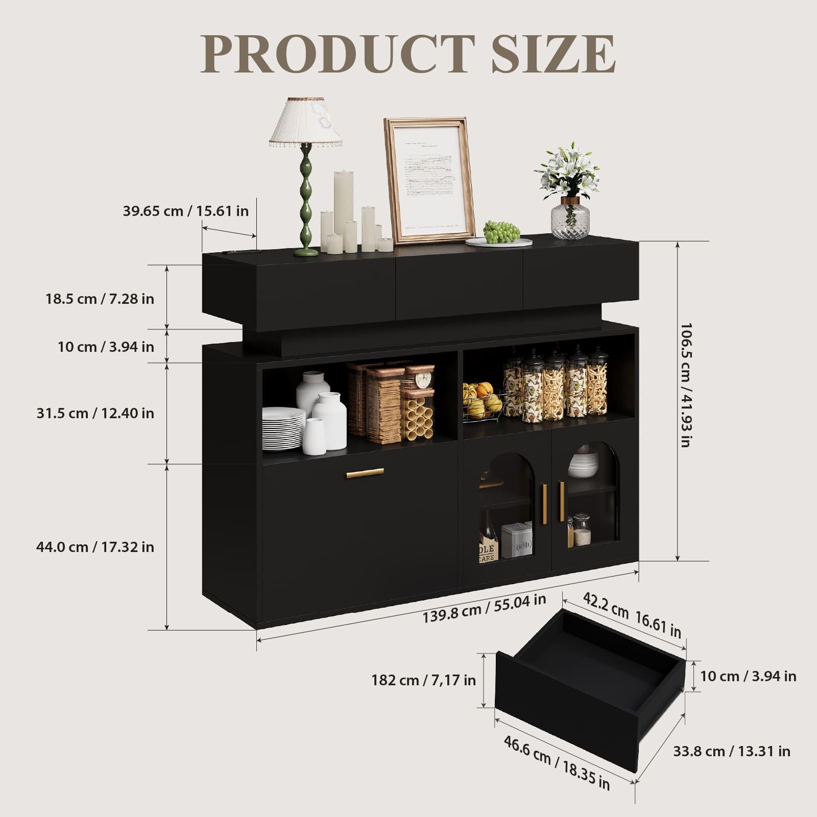 Coffee Bar Cabinet,Kitchen Storage Cabinet with 3 Drawers,Sideboard Buffet Cabinets with Ajustable Shelf,Wood Coffee Bar Table for Dinning Room/Living Room/Kitchen 55.04"L*15.61"W*41.93"H Black