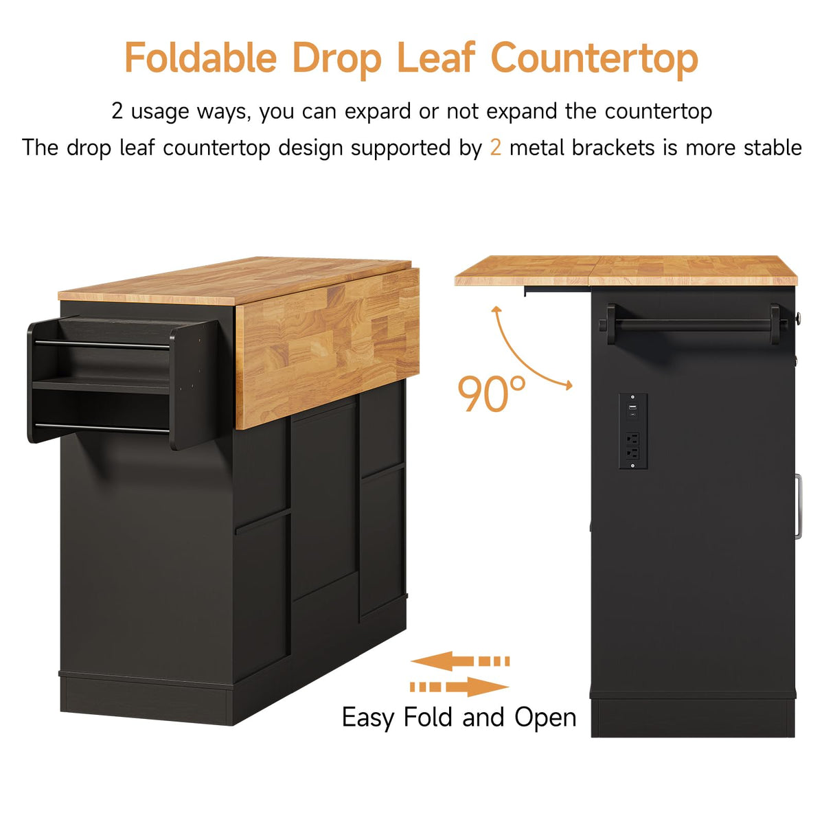 ONBRILL Kitchen Islands with Movable Wood Cutting Board & Trash Can, Black