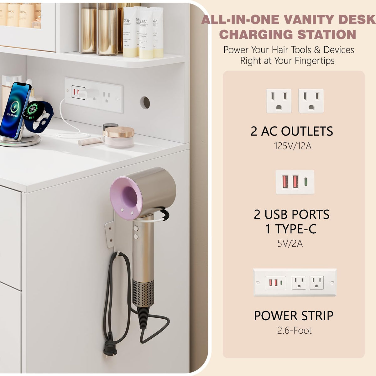 BZK Vanity Desk with LED Lights Mirror, White Makeup Vanity Set with 5 Drawers, Tempered Cabinet, Charging Station, Hair Dryer Rack & Cushion Stool, Dressing Table - Modern Bedroom Furniture