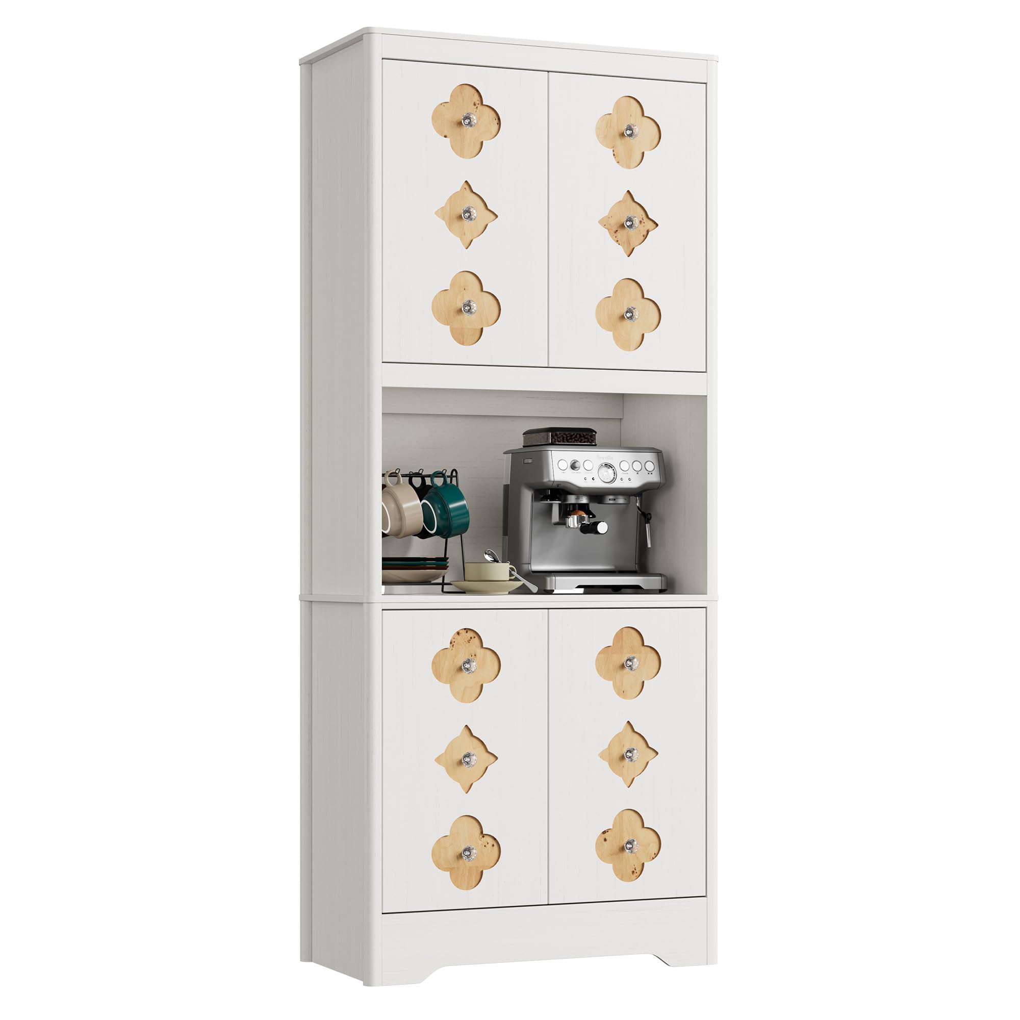 IDEALHOUSE Mid Century Modern Kitchen Pantry Cabinet, 72" Tall Storage Cabinet with Microwave Shelf, Wooden Freestand Cupboard with Carved Flower Door & Crystal Handle, for Dining Room