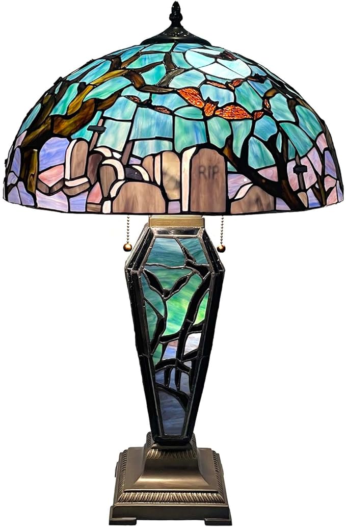 Gothic Cemetery Stained Glass Table Lamp with Coffin Base