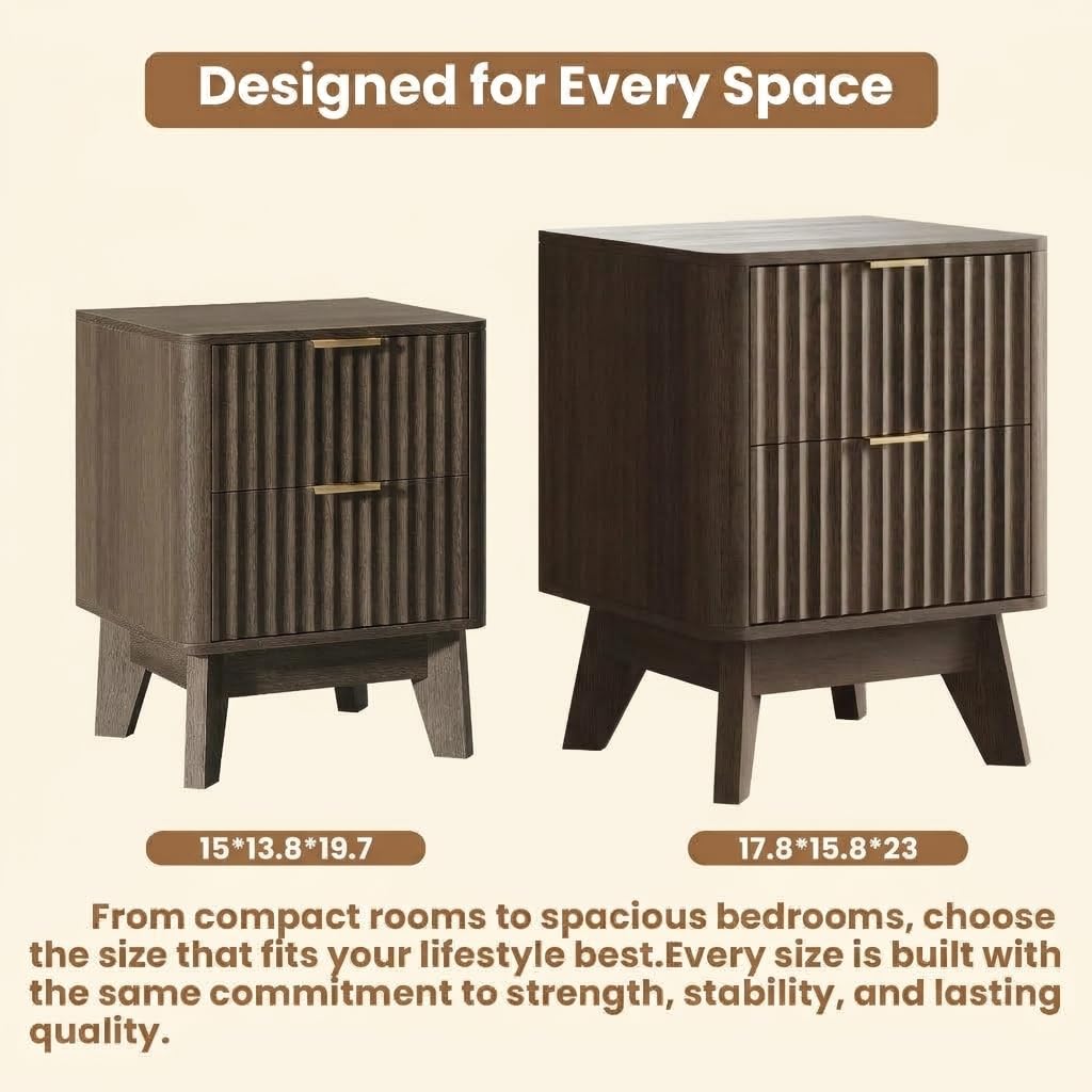 TROJM Fluted Nightstand Set of 2 with Curved Edge Design,Walnut