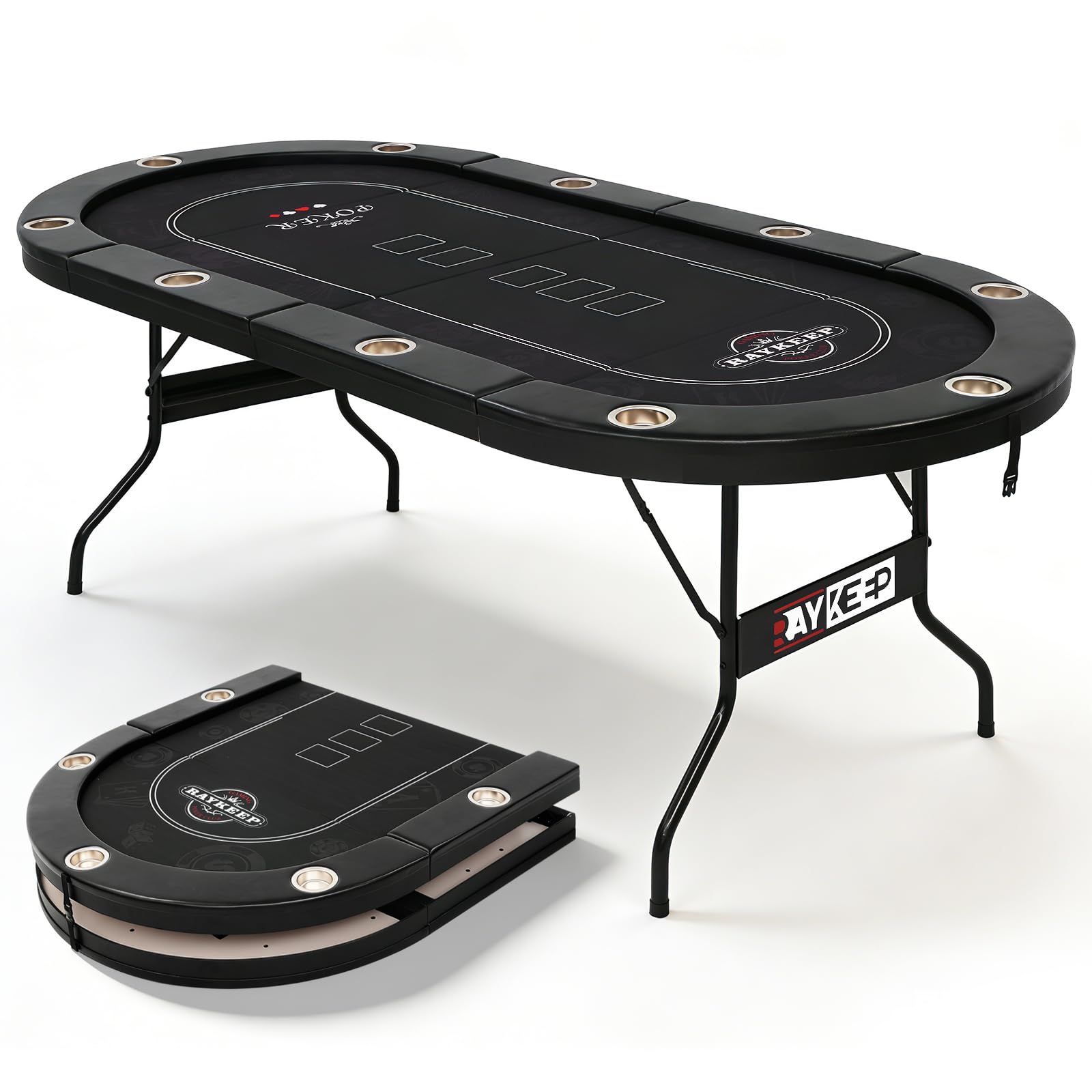 RAYKEEP 84" Poker Table for 10 Players, Foldable Texas Holdem Table with Padded Rails & 10 Cup Holders, Portable Casino Board Game Table for Game Room, Blackjack, Party (Black)
