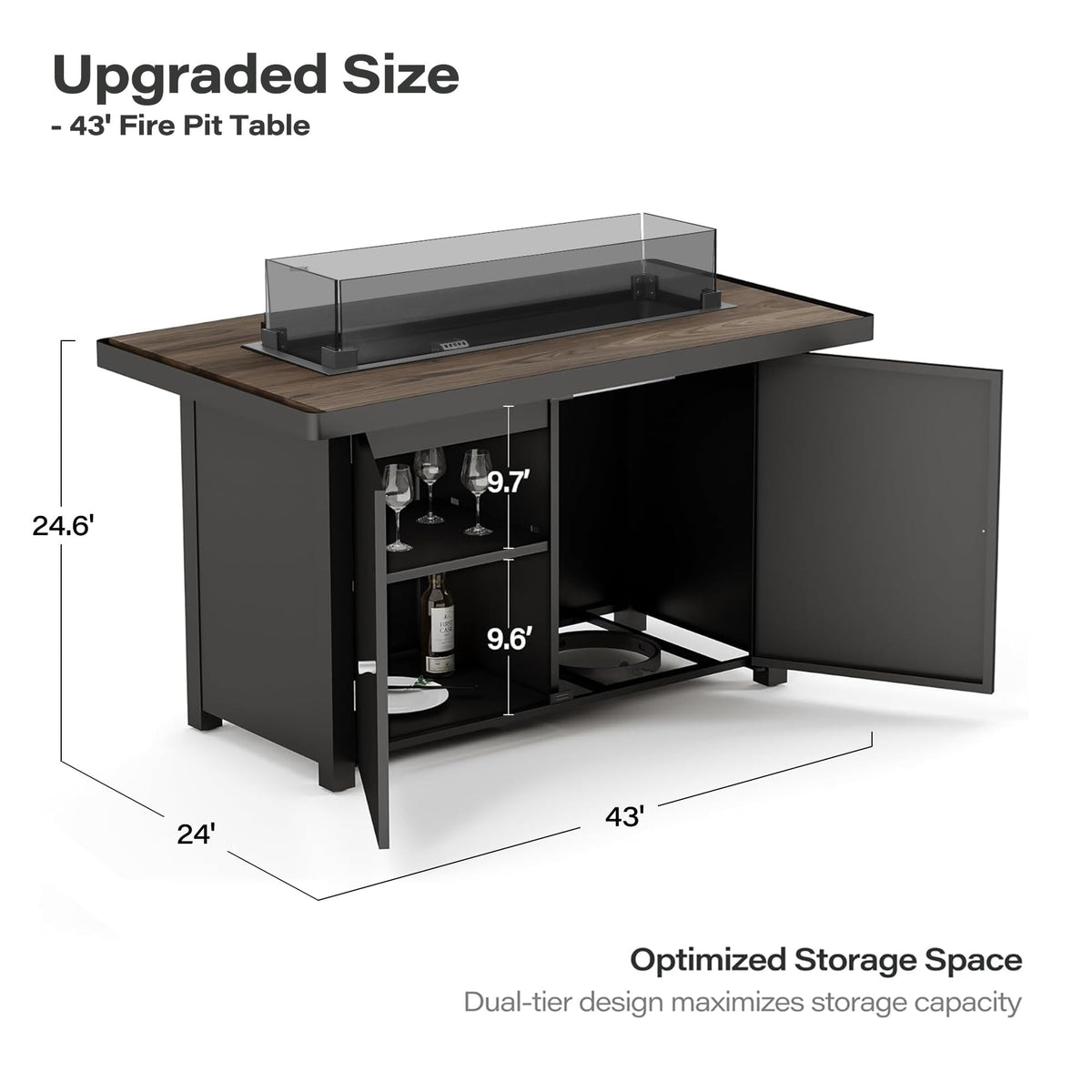 LAUSAINT HOME 43" Propane Fire Pit Table, 55000 BTU Gas Fire Pit with 2 Tiered Storage Space, Wood Grain Tabletop, Gray Glass Wind Guard for Outside Patio Lawn