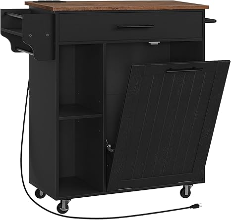 Rolling Kitchen Island with Trash Can Storage & Power Outlet