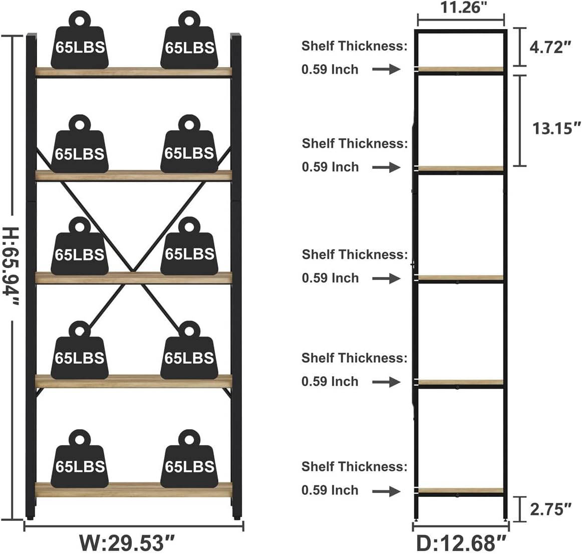 5-Tier Industrial Bookshelf with Metal Frame