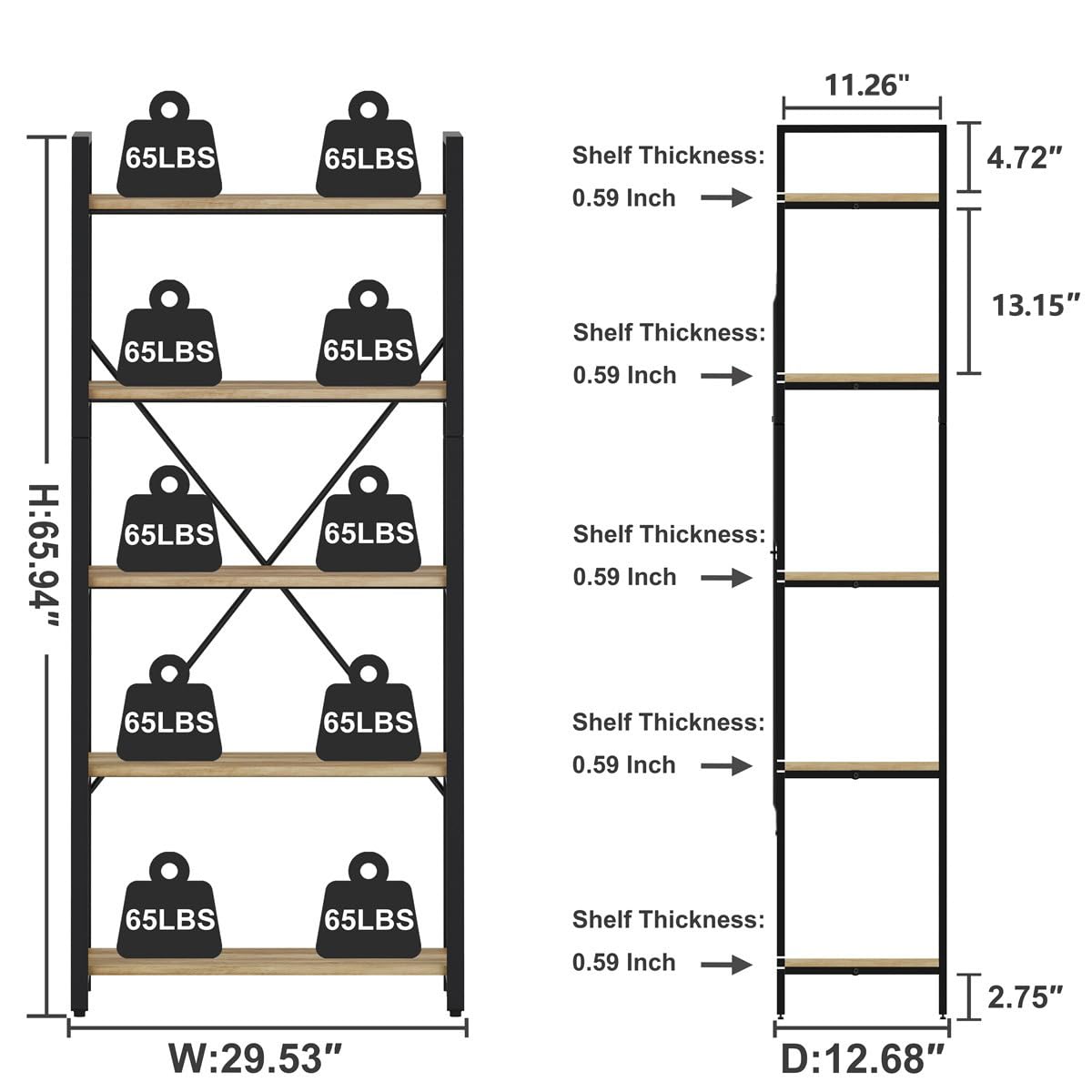 5-Tier Industrial Bookshelf with Metal Frame