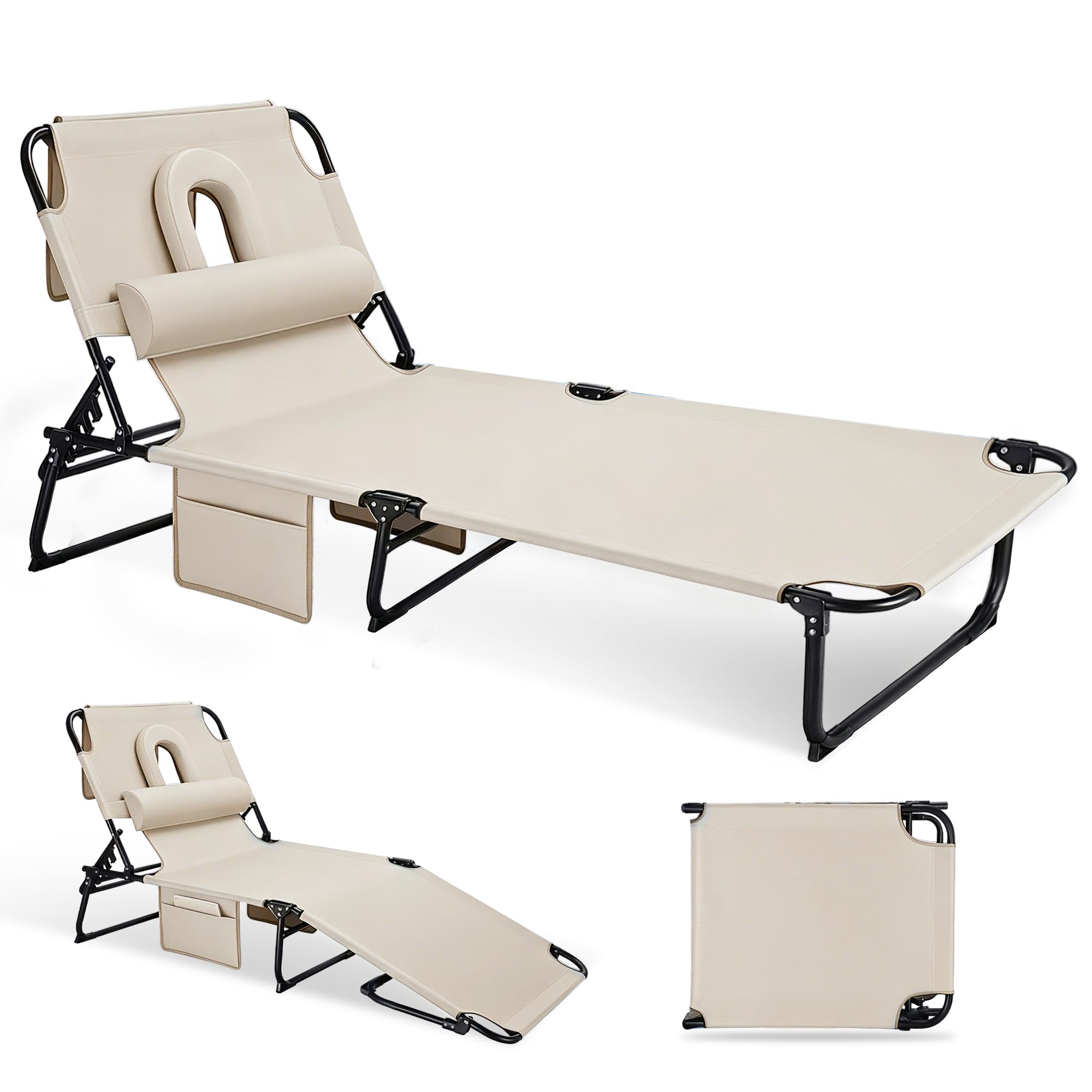 Folding Sun Tanning Lounge Chair with Face Hole, 5-Position Adjustable, 2 Side Pockets & Pillow