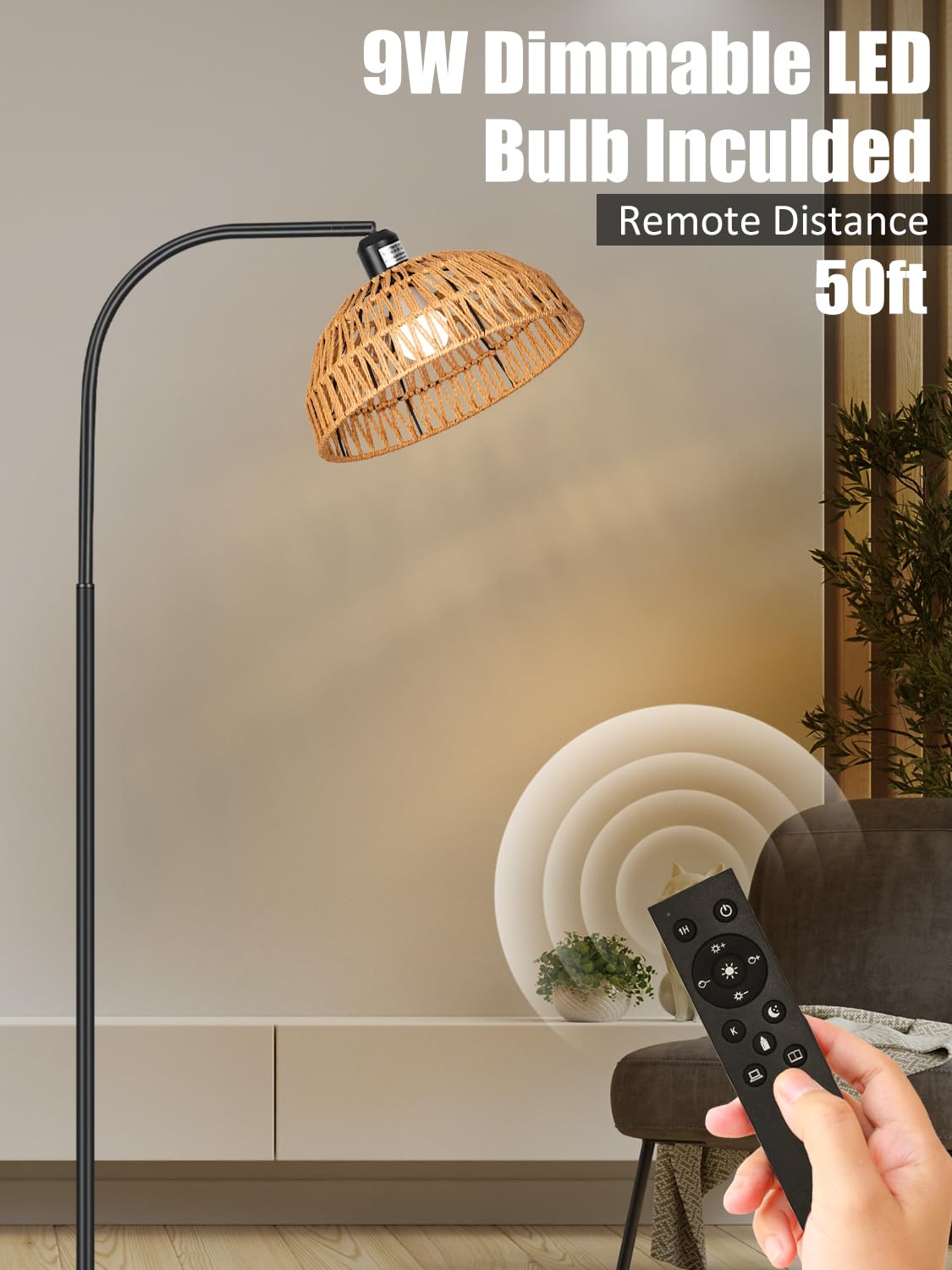 Rattan Floor Lamp- Boho Standing Lamp with Remote Control and Dimmable Bulb, Hand-Worked Adjustable Rattan Shades, Black Farmhouse Tall Lamp, Boho Arc Floor Lamps for Living Room, Bedroom, Office