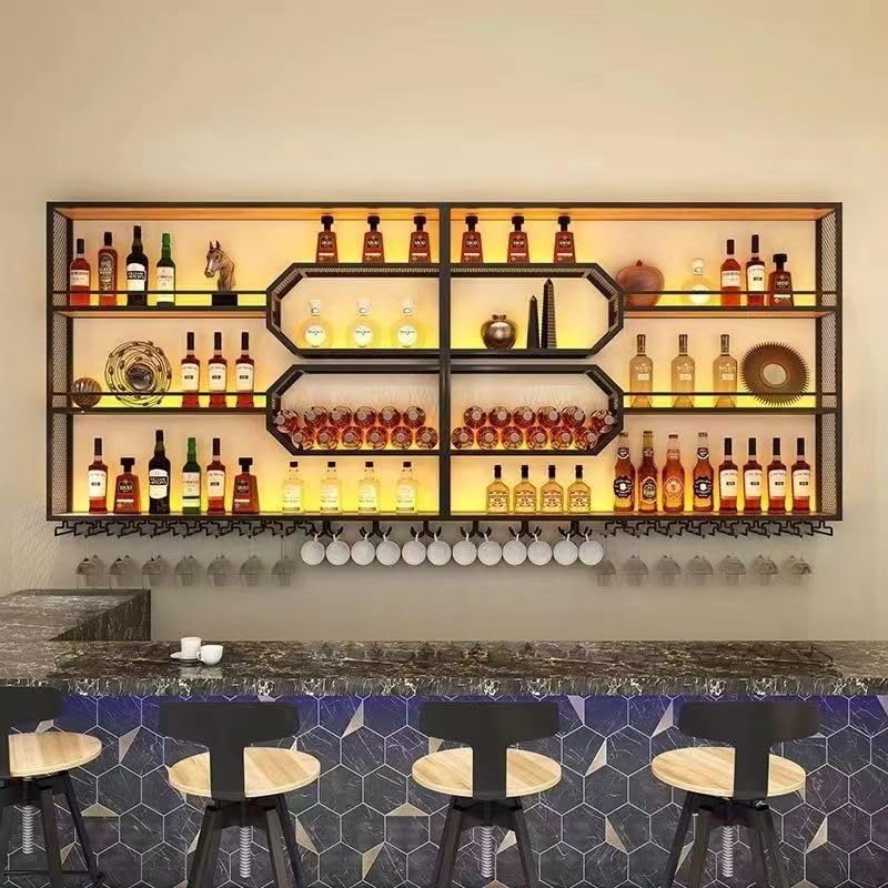 PIKYsailed 94 Inch 4-Tier Wine Rack Wall-Mounted & Large Bar Shelf for Liquor Bottles, Black Metal Storage for Wine and Liquor Bottles in Home Bars or Dining Rooms (No Lighting)