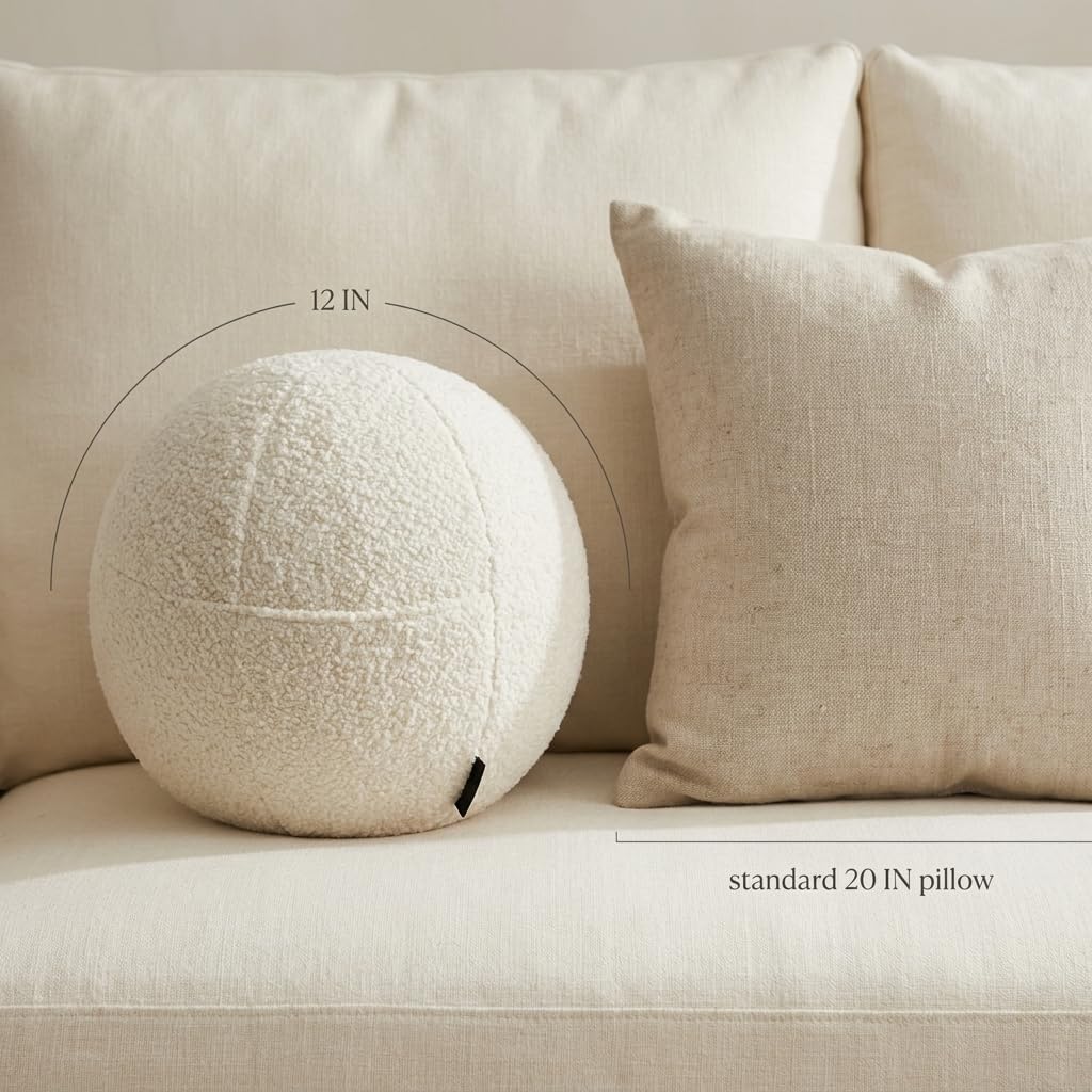 COZELA Orb Bouclé Sphere Pillow, 12 Inch Ergonomic Back & Arm Support, 600 GSM Textured Décor Throw Pillow with Hidden Pocket, White