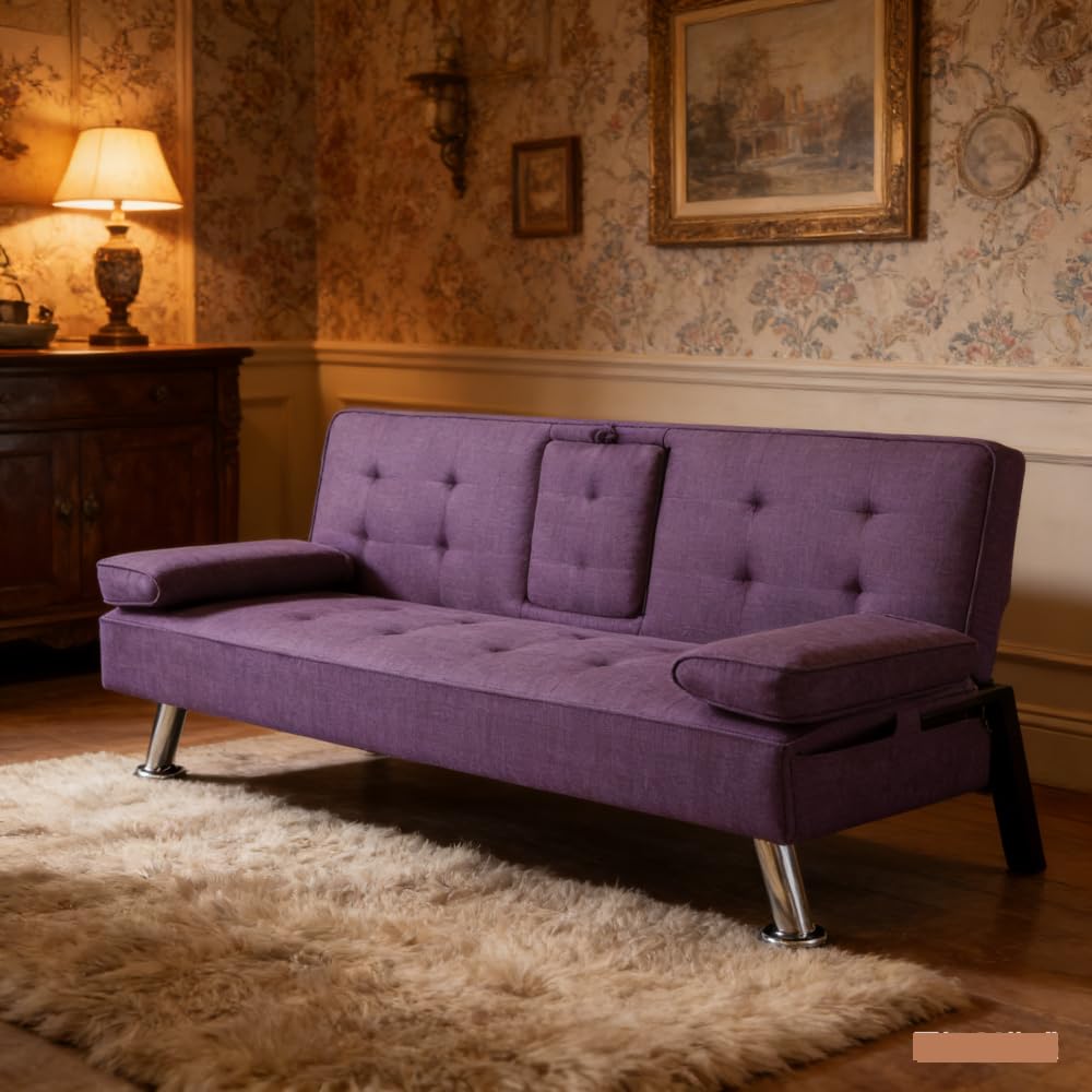Purple Futon Sofa Bed with Cup Holders