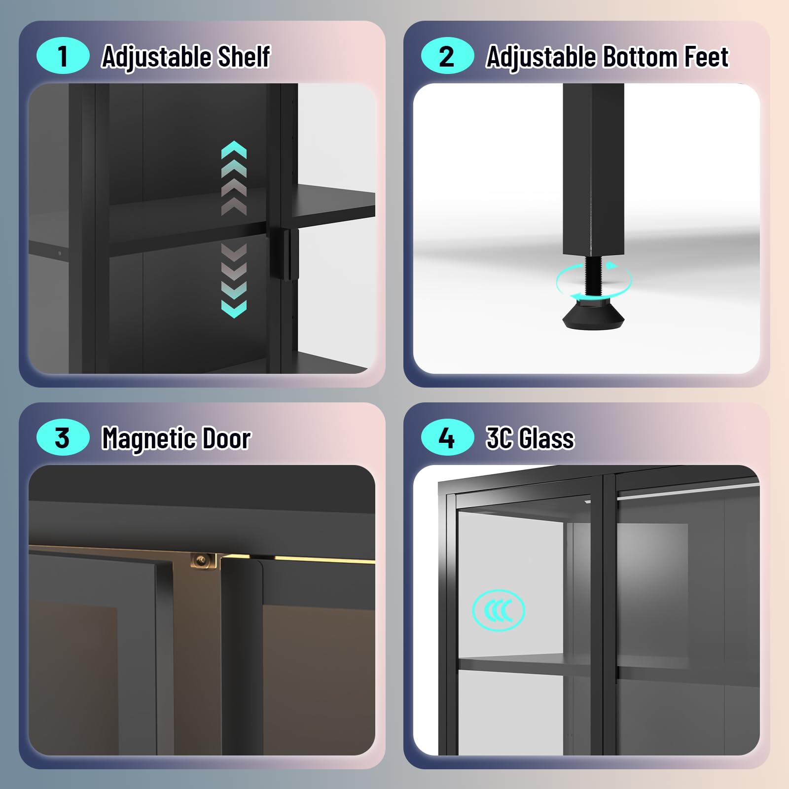 5-Tier Glass Display Cabinet with LED Sensor Lights & Adjustable Shelves