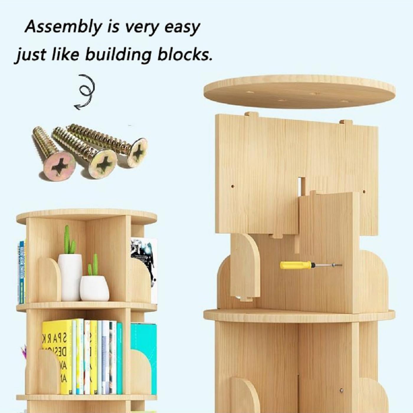 Gdrasuya10 2 Tier Rotating Bookshelf with Legs, 360 Display Revolving Bookcase Standing Bookcase Round Corner Bookshelf Wood Book Storage Display Shelves for Kids&Adults Small Space