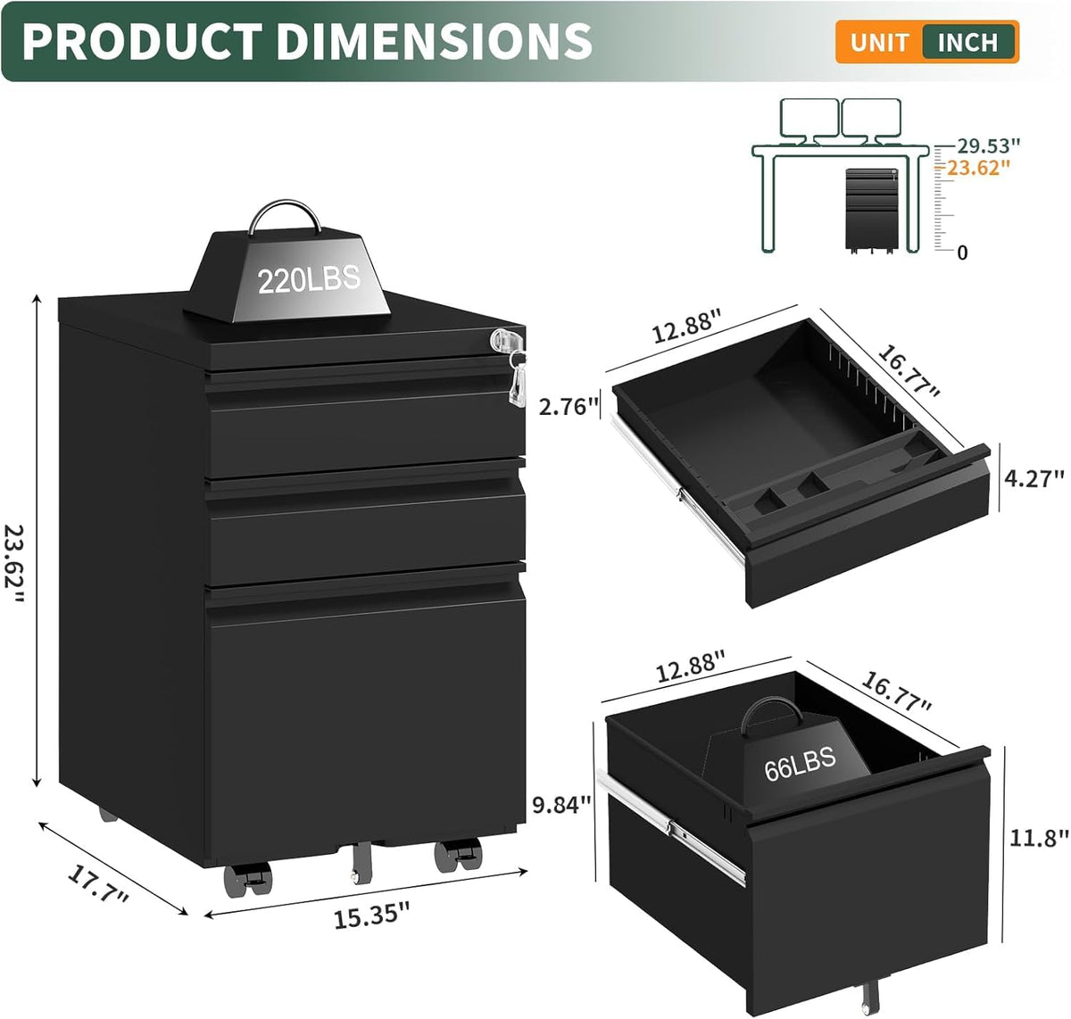 TEEALUBAN 3 Drawer File Cabinet with Lock, Black Metal, Under Desk