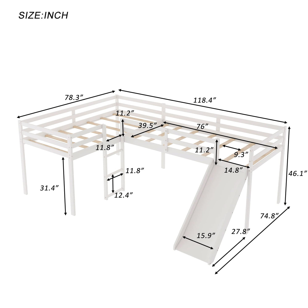 Twin L-Shaped Loft Bed with Slide