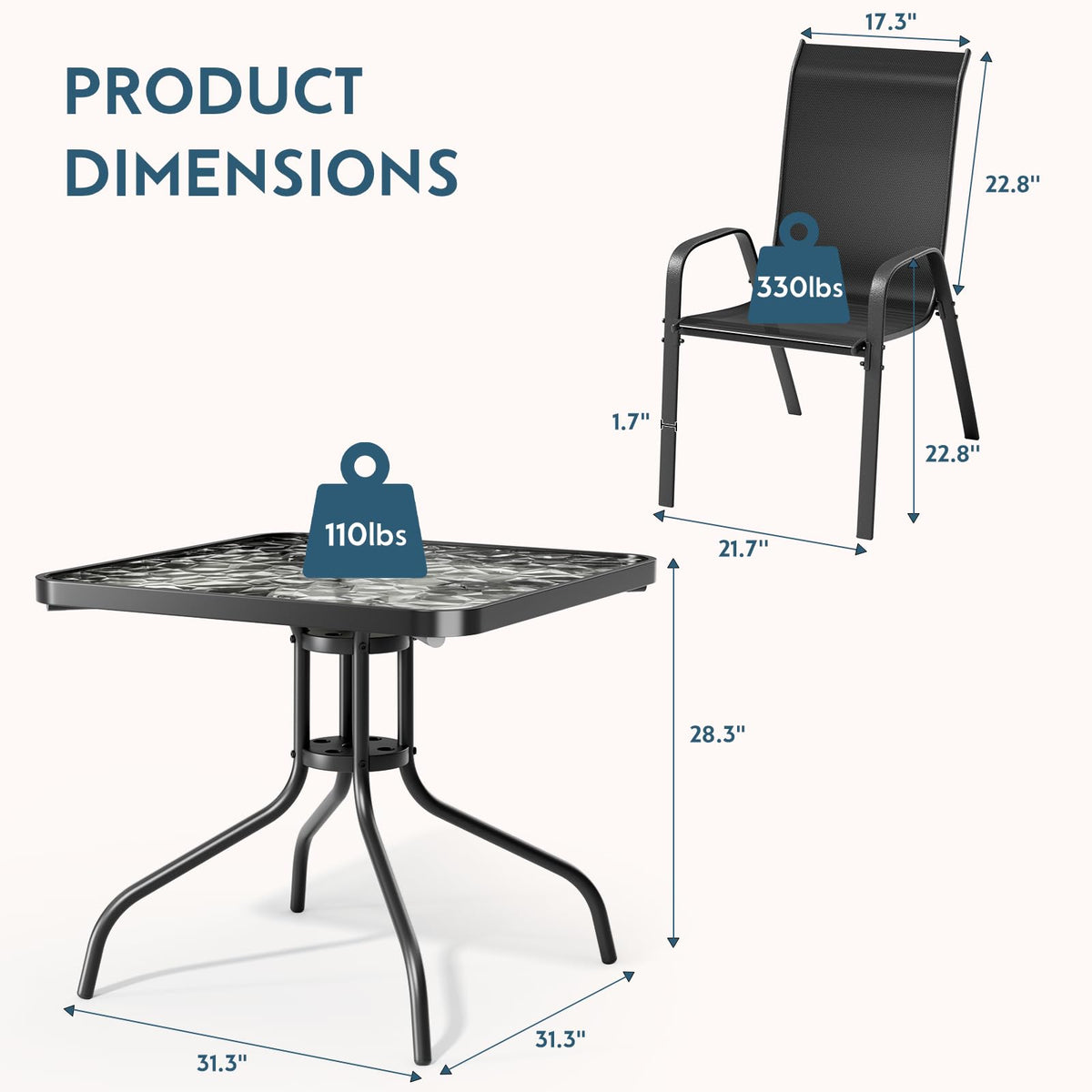 Arlopu 5 Pieces Outdoor Patio Dining Set, Glass Table and Textilene Chair