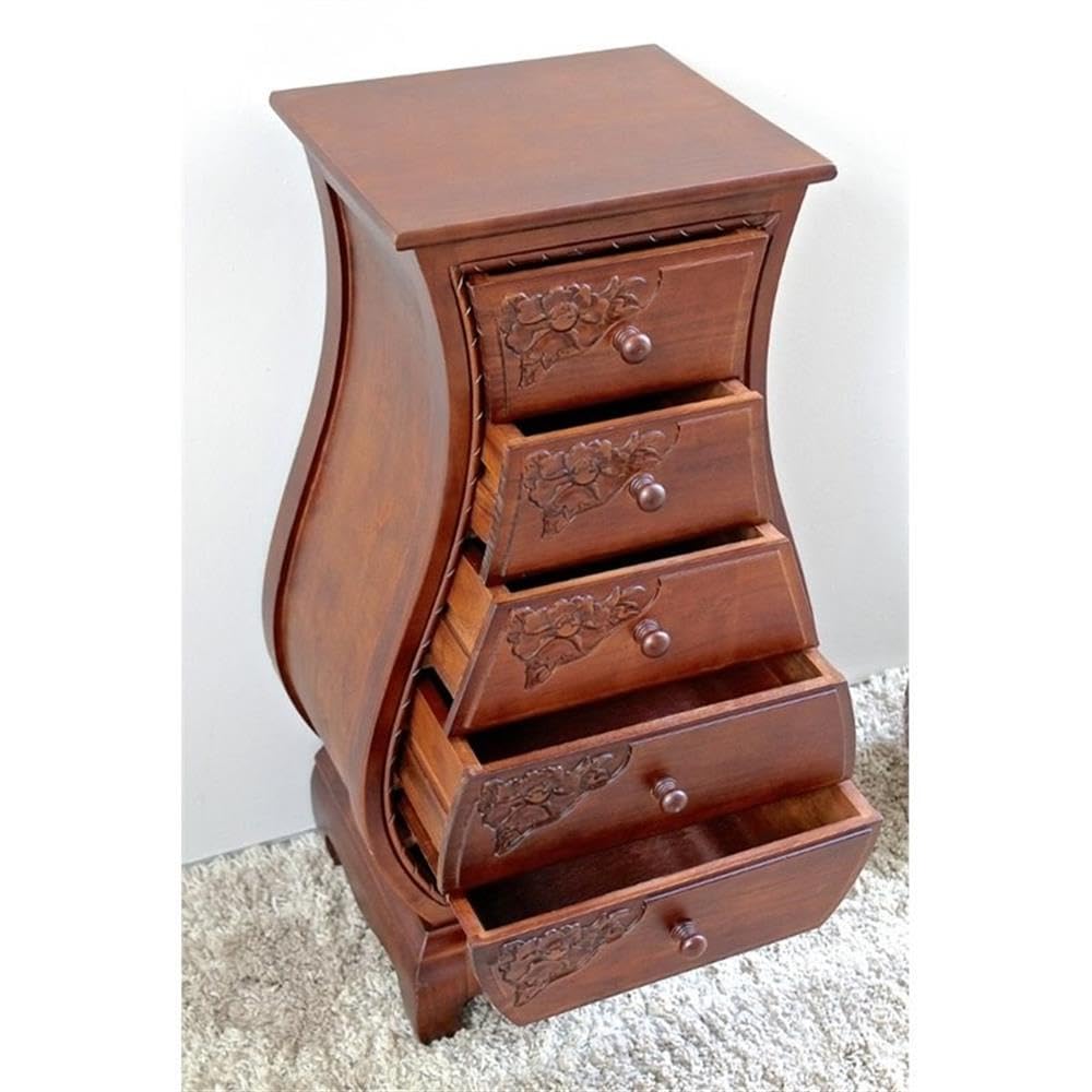 5-Drawer Bombe Chest – Walnut Stain, Hand-Carved Oak