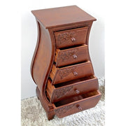 5-Drawer Bombe Chest – Walnut Stain, Hand-Carved Oak