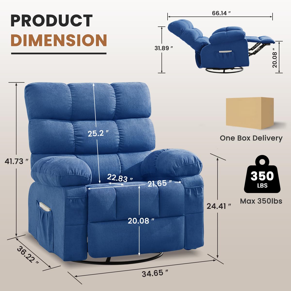 Swivel Rocker Recliner Chair for Adults, 360° Upholstered Manual Recliners for Small Spaces, Single Seat Glider Reclining Chair with Side Pockets, Ergonomic Reading Chair for Living Room, RV, Bedroom